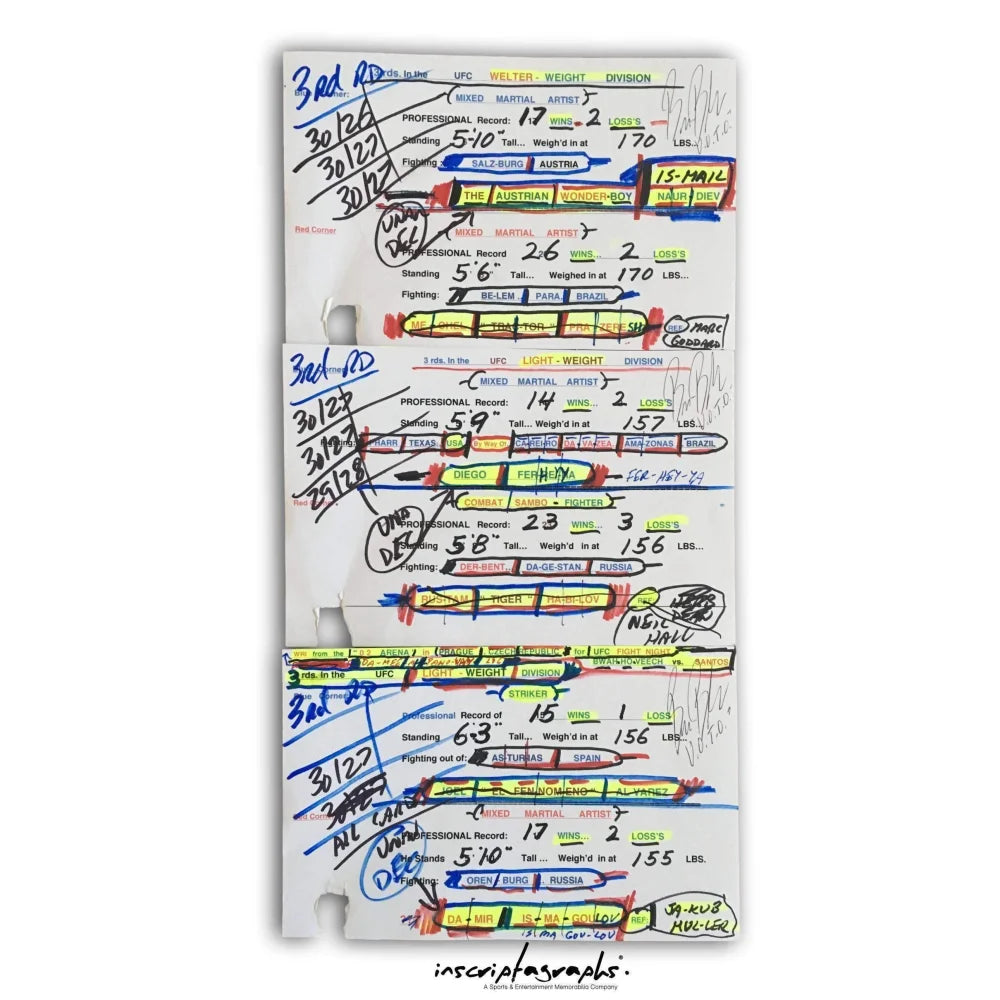 Bruce Buffer's UFC Fight 145 Czech Republic Event Used 12 Fight Intro Cards Collection - Authentic MMA Memorabilia for UFC Fans & Collectors - Perfect for Display, Framing, and Sports Memorabilia Collections