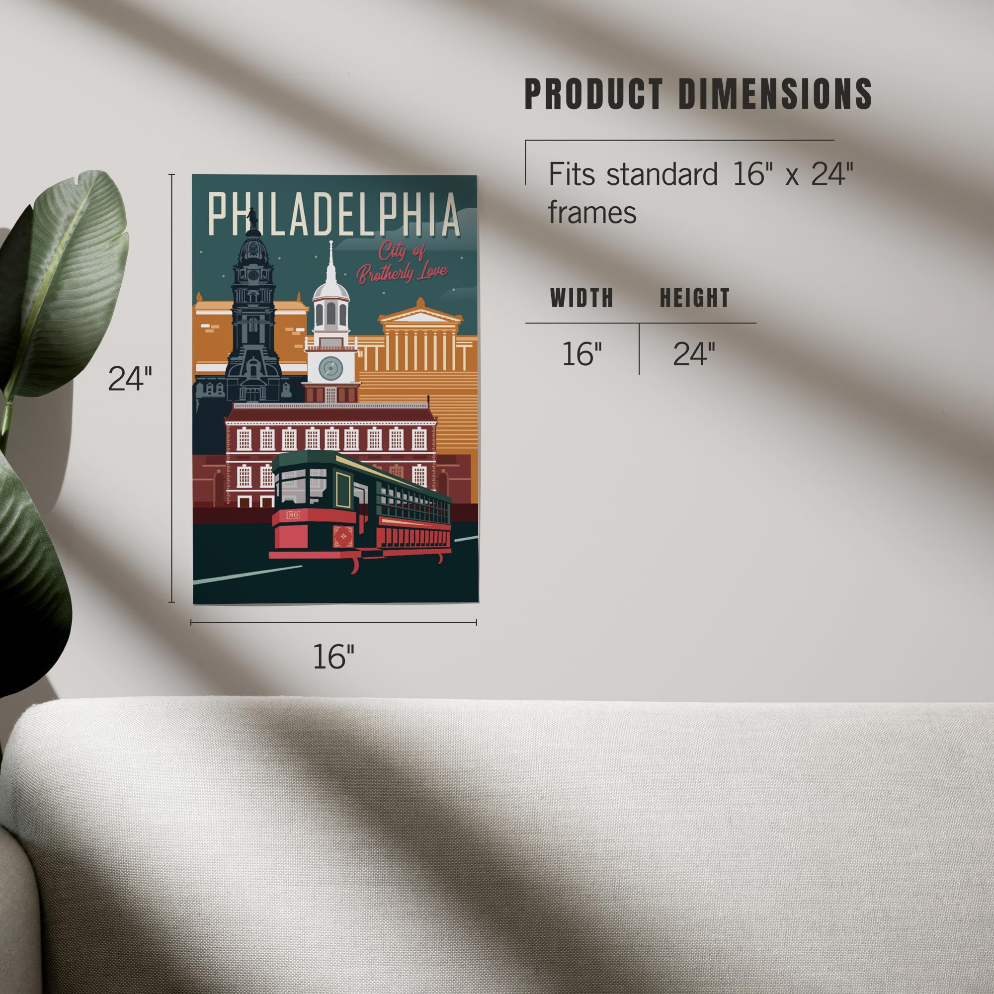 16x24 Inch Giclee Print of Philadelphia Pennsylvania - City of Brotherly Love with Vector Art Trolley - Perfect for Home Decor, Office Wall Art & Gift Ideas