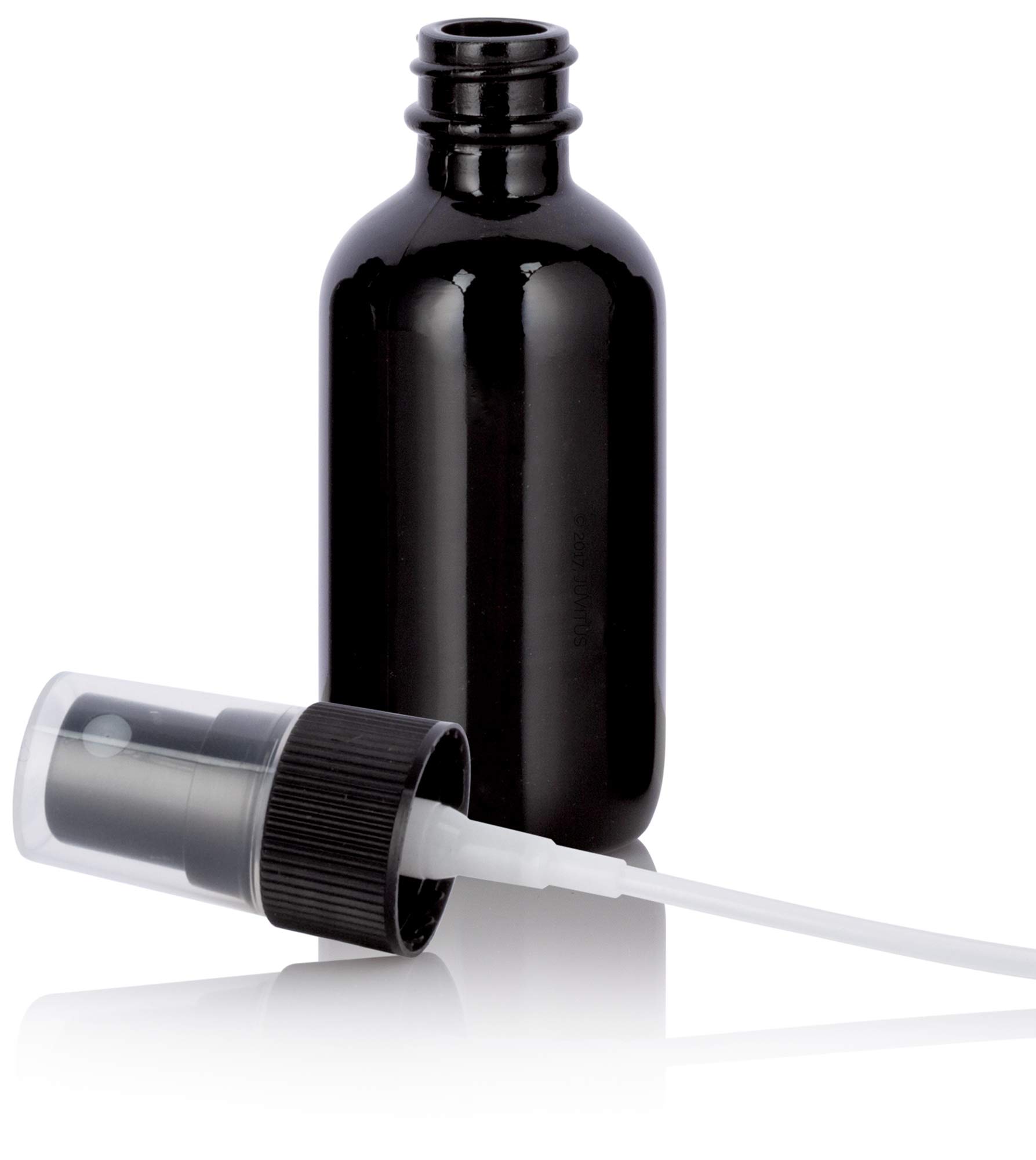 JUVITUS 2 oz Black Glass Boston Round Bottle with Black Fine Mist Spray (6 Pack) + Funnel - Perfect for Essential Oils, Perfumes & DIY Beauty Products