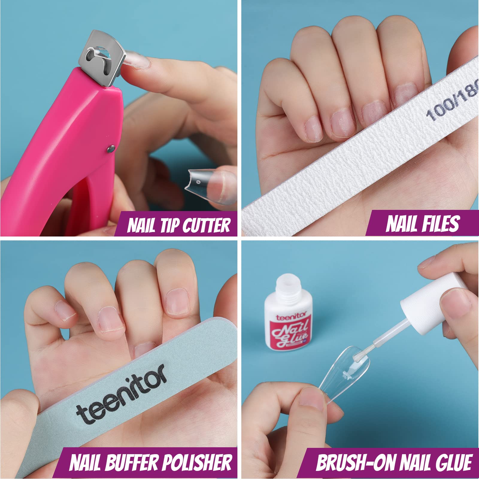 Teenitor Acrylic Fake Nails Kit - 24pcs Press On Nails with Nail Glue, Nail Tips, Nail Art Brushes, Rhinestones & Glitter for DIY Manicure | Perfect for Parties, Weddings, Salon & Home Use