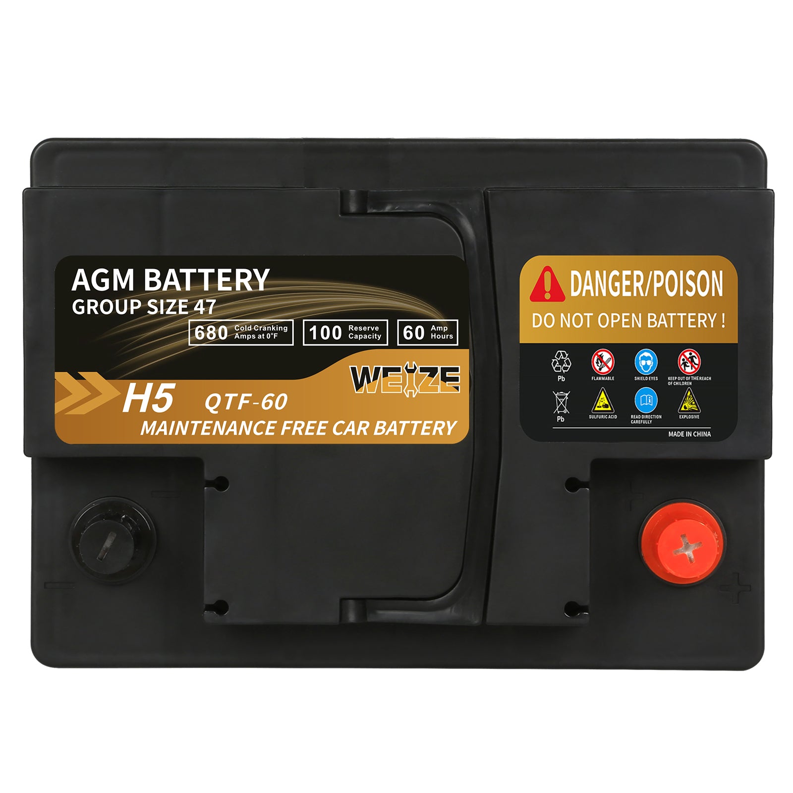 WEIZE Wise Series Group 47 AGM Car Battery 12V 60Ah H5 - High Performance Automotive Replacement Battery for Sedans, SUVs & Trucks - Cold Cranking & Deep Cycle Power for Reliable Starts in All Weather Conditions