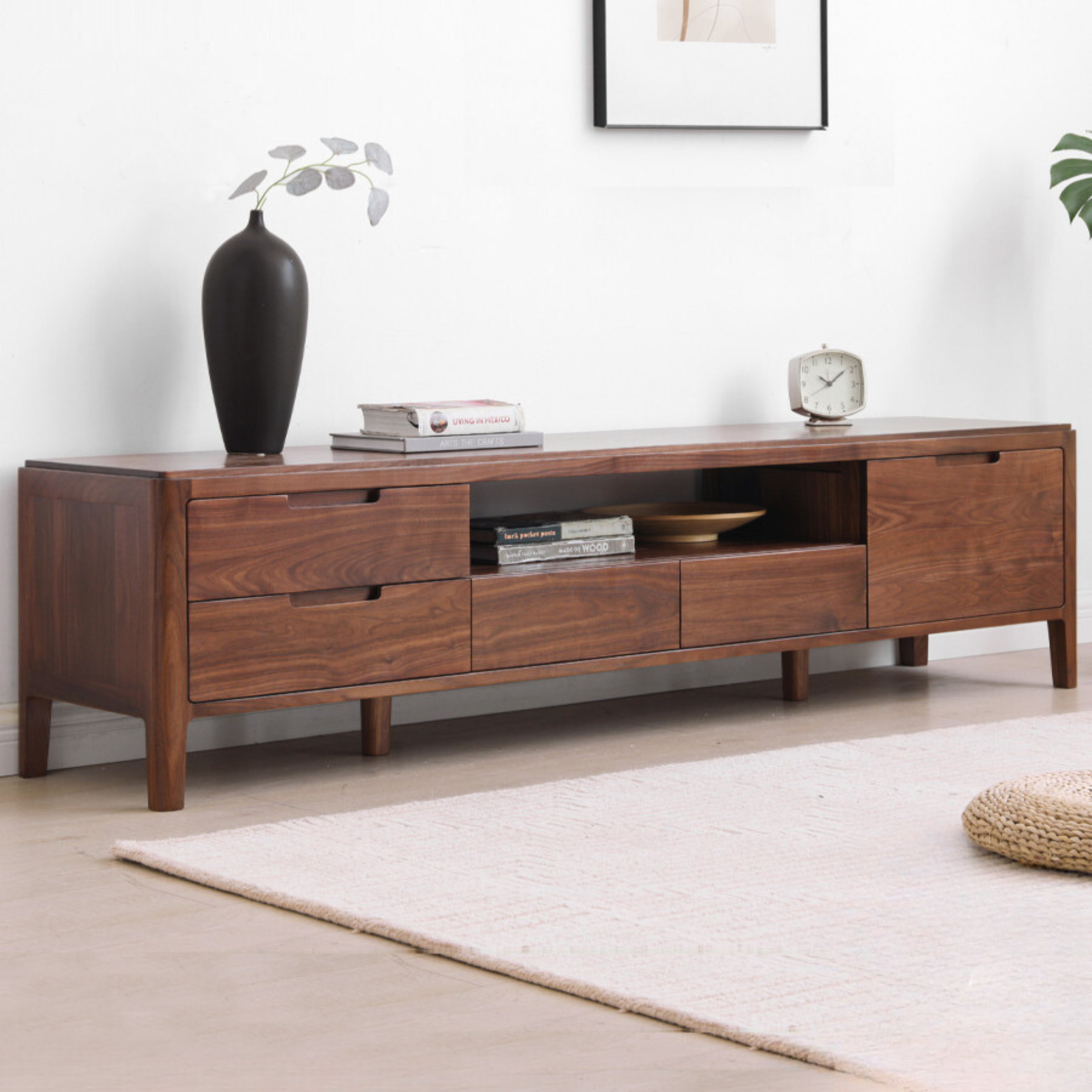 Premium Black Walnut Solid Wood TV Stand - Large Storage Entertainment Center for Living Room, Home Theater & Media Organization