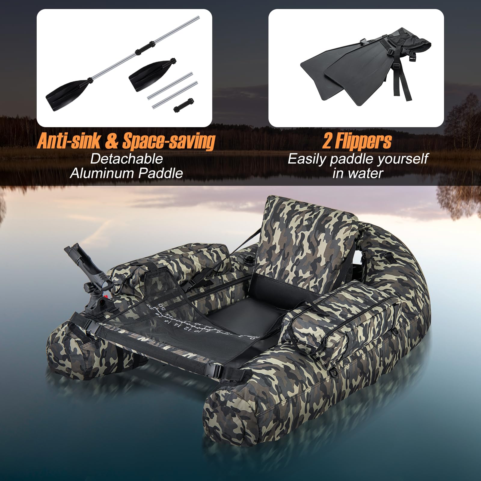 GYMAX 350lbs Inflatable Fishing Float Tube with Fish Ruler, Rod Holder, Pump & Accessories - Portable Belly Boat for Anglers with Adjustable Straps & Storage Backpack - Perfect for Lake, River and Fly Fishing Adventures