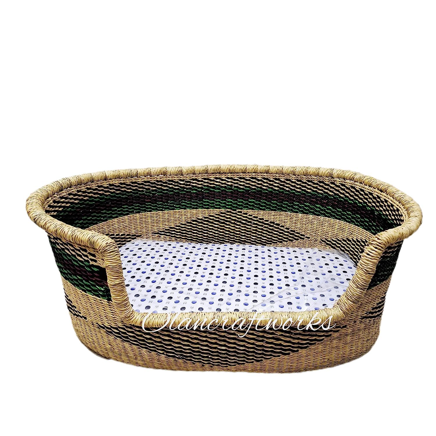 Handmade African Woven Dog Basket Bed - Small, Medium & Large Bolga Pet Bed with Mattress | Eco-Friendly Wicker Puppy Furniture for Indoor/Outdoor Use | Perfect for Living Room, Patio or Bedroom