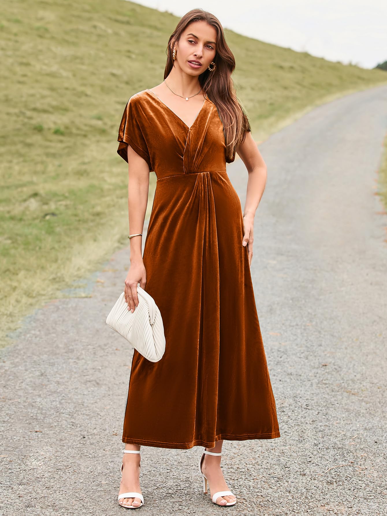 Simplee Women's Velvet Maxi Dress - Short Sleeve V-Neck Bodycon Gown for Fall Wedding Guest, Prom & Formal Occasions | Elegant Twiss Front Long Dress for Parties, Dinner Dates & Special Events