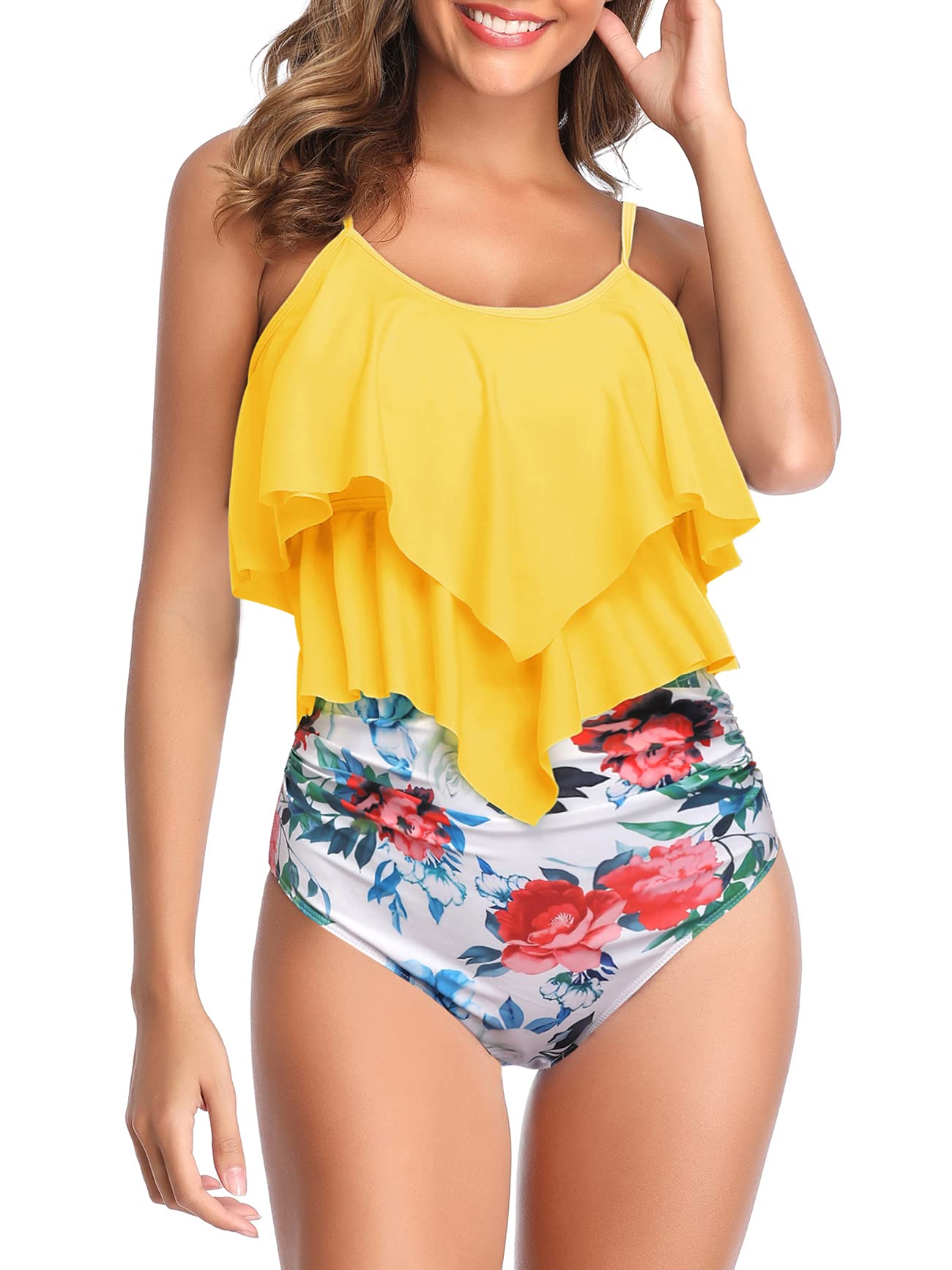 High Waisted Tankini Swimsuits for Women - Flounce Top Tummy Control Bathing Suits - Slimming Swimwear for Beach, Pool & Vacation - Plus Size Swimwear with Support
