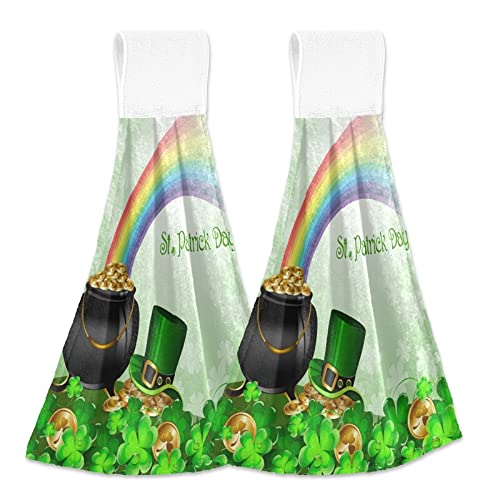 Clovers Gold Coin Kitchen Oven Towels - 2 Pack Super Absorbent St. Patrick's Day Hand Towels with Hanging Loop | Rainbow Dishcloth for Kitchen, Bar, Bathroom & Tabletop | Perfect for Cooking, Cleaning & Decor