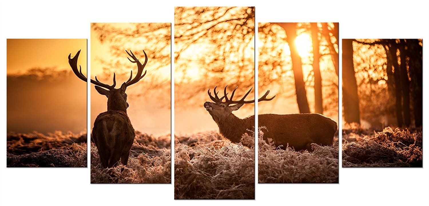 QICAI 5 Panel Deer in Forest Sunset Canvas Wall Art - Wood Framed Home Decor Painting for Living Room, Bedroom & Office