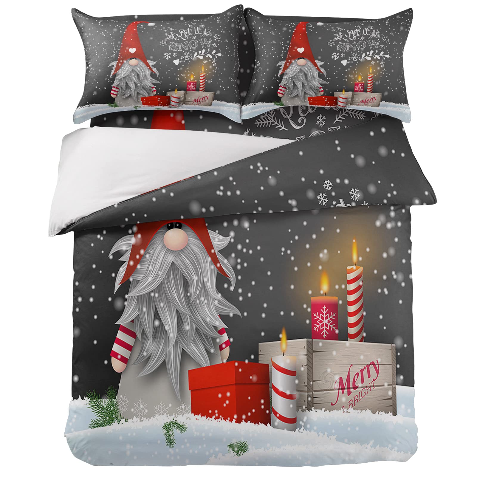 California King Duvet Cover Set 4-Piece - Christmas Gnome with Candle Winter Design, Ultra Soft Breathable Comforter Cover with Flat Sheet & 2 Decorative Pillow Shams - Snowflake White Bedding for Cozy Winter Nights