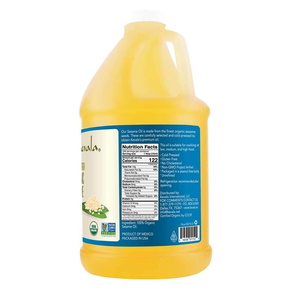 Kevala Organic Extra Virgin Sesame Oil - 64 fl oz (Half Gallon) - Cold Pressed Unrefined Sesame Seed Oil for Cooking, Skin Care & Hair Treatment - Perfect for Asian Cuisine, Salad Dressings & Massage Therapy