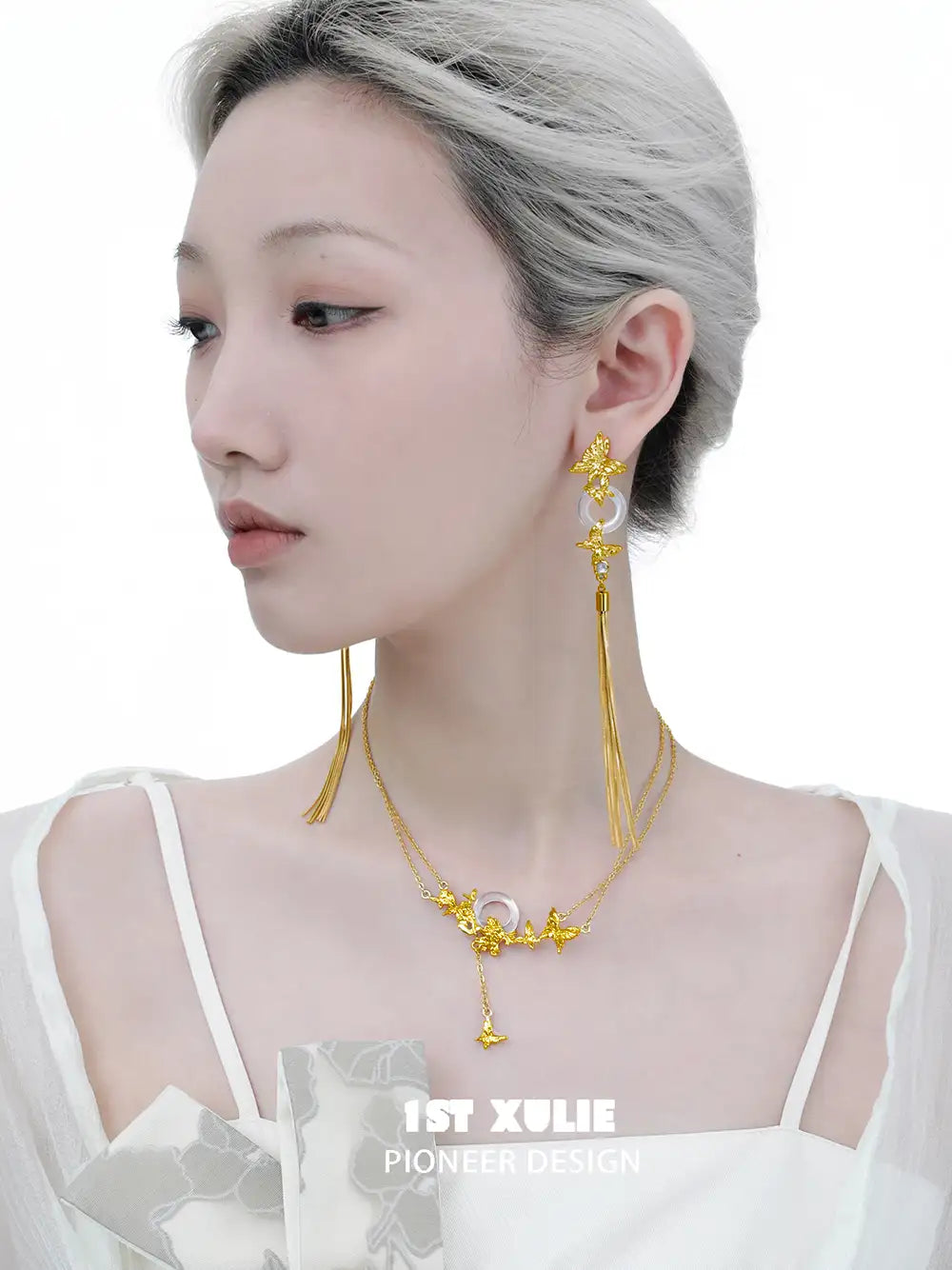 18K Gold Plated White Chalcedony Tassel Earrings for Women - Elegant Dangle Earrings for Party, Wedding & Evening Wear - Whiterfly™ Jewelry Collection