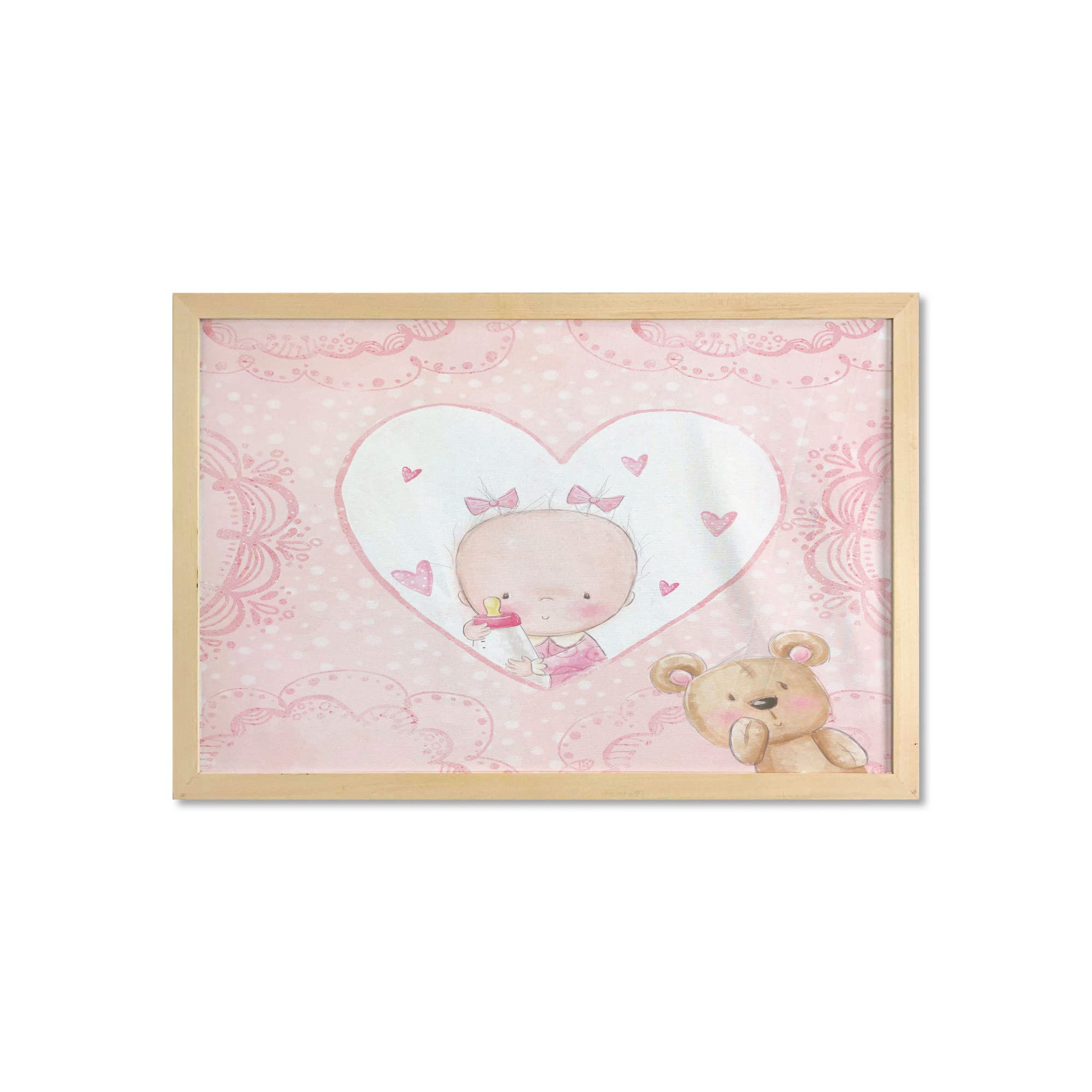 Ambesonne Gender Reveal Wall Art with Frame - Girls Teddy Bear Floral Hearts Polka Dots Print Fabric Poster for Nursery, Baby Shower, Living Room, Bathroom & Dorm Decor - 35