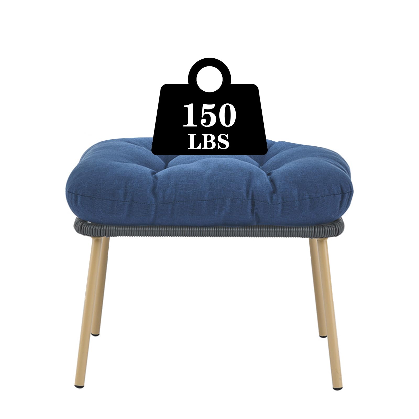 Outdoor Wicker Ottoman with Thick Cushion - Rattan Footrest Stool for Patio, Porch, Backyard & Garden - Grey/Blue - Perfect for Relaxing, Sunbathing & Outdoor Entertaining