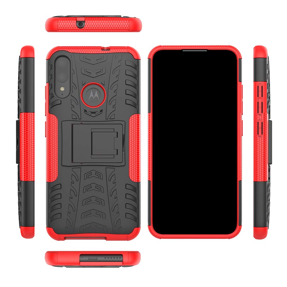 Motorola Moto E6 Plus Phone Case with Tempered Glass Screen Protector - Rugged Hybrid Protective Cover with Kickstand for Men & Women (Black/Red) - Perfect for Work, Travel, and Everyday Protection