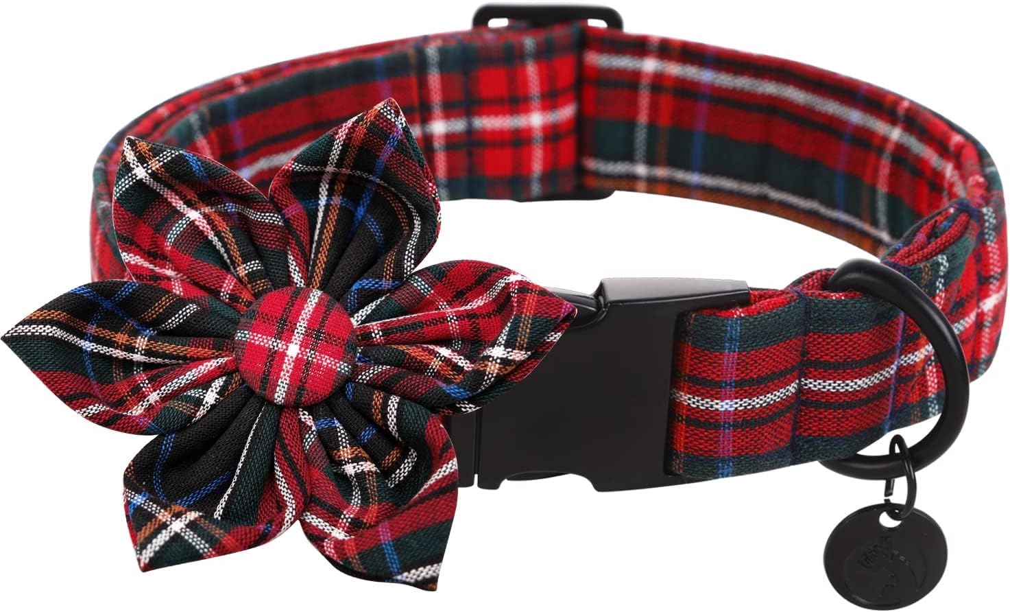 **Christmas Red Plaid Dog Collar with Flower – Adjustable Pet Collar for Small, Medium & Large Dogs – Perfect for Holidays, Photos & Daily Walks**