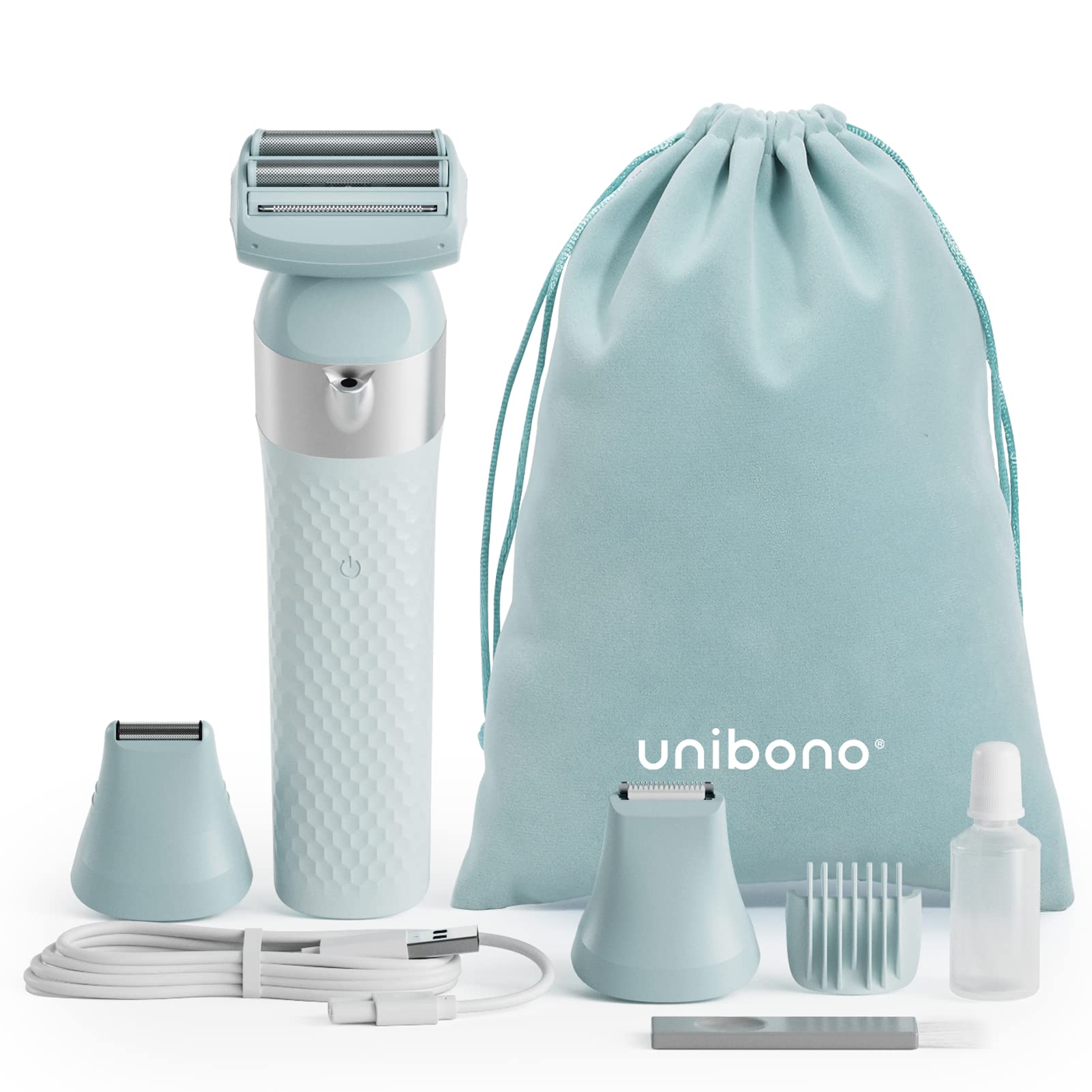 Unibono All-in-One Electric Lady Shaver Kit with LED Light for Bikini & Intimate Areas - Wet & Dry Women's Razor in Light Blue - Perfect for Travel, Gym & Sensitive Skin Care
