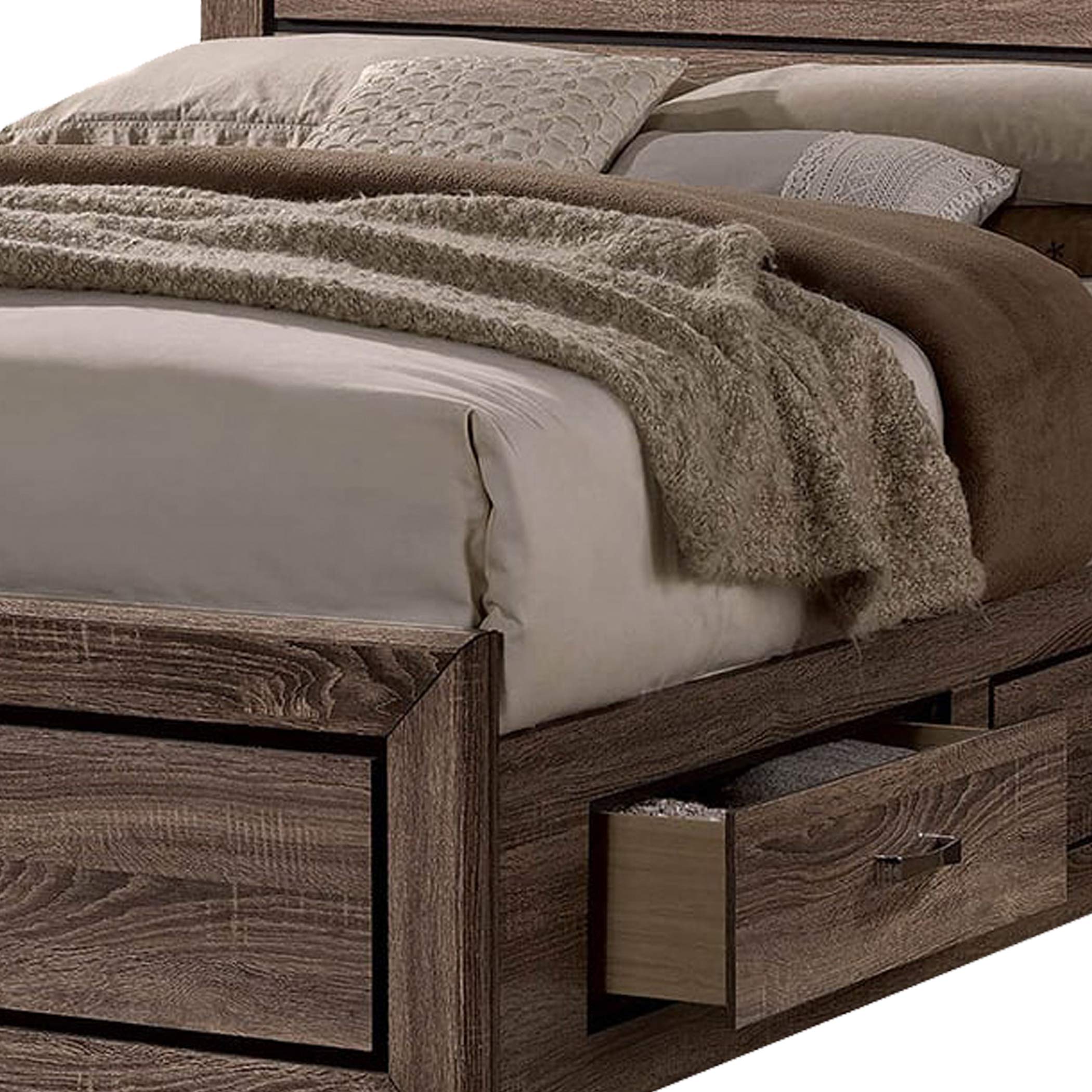 Benjara Solid Wood Queen Size Bed Frame with 4 Spacious Side Drawers - Brown - Perfect for Master Bedroom, Guest Room, and Small Space Storage Solutions