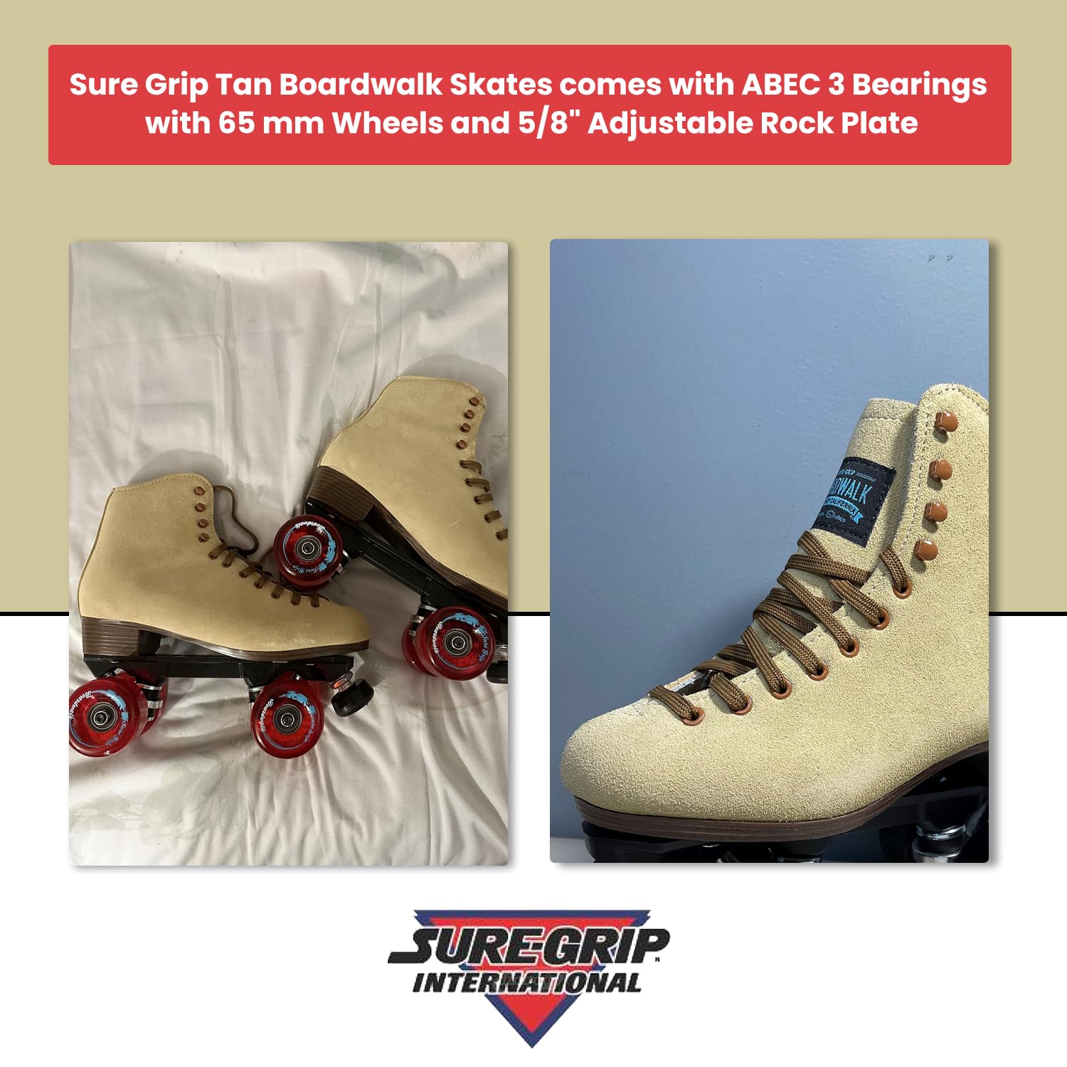 Sure Grip Tan Boardwalk Outdoor Roller Skates for Men & Women - 65mm Wheels, Nylon Sole, ABEC 3 Bearings, 5/8
