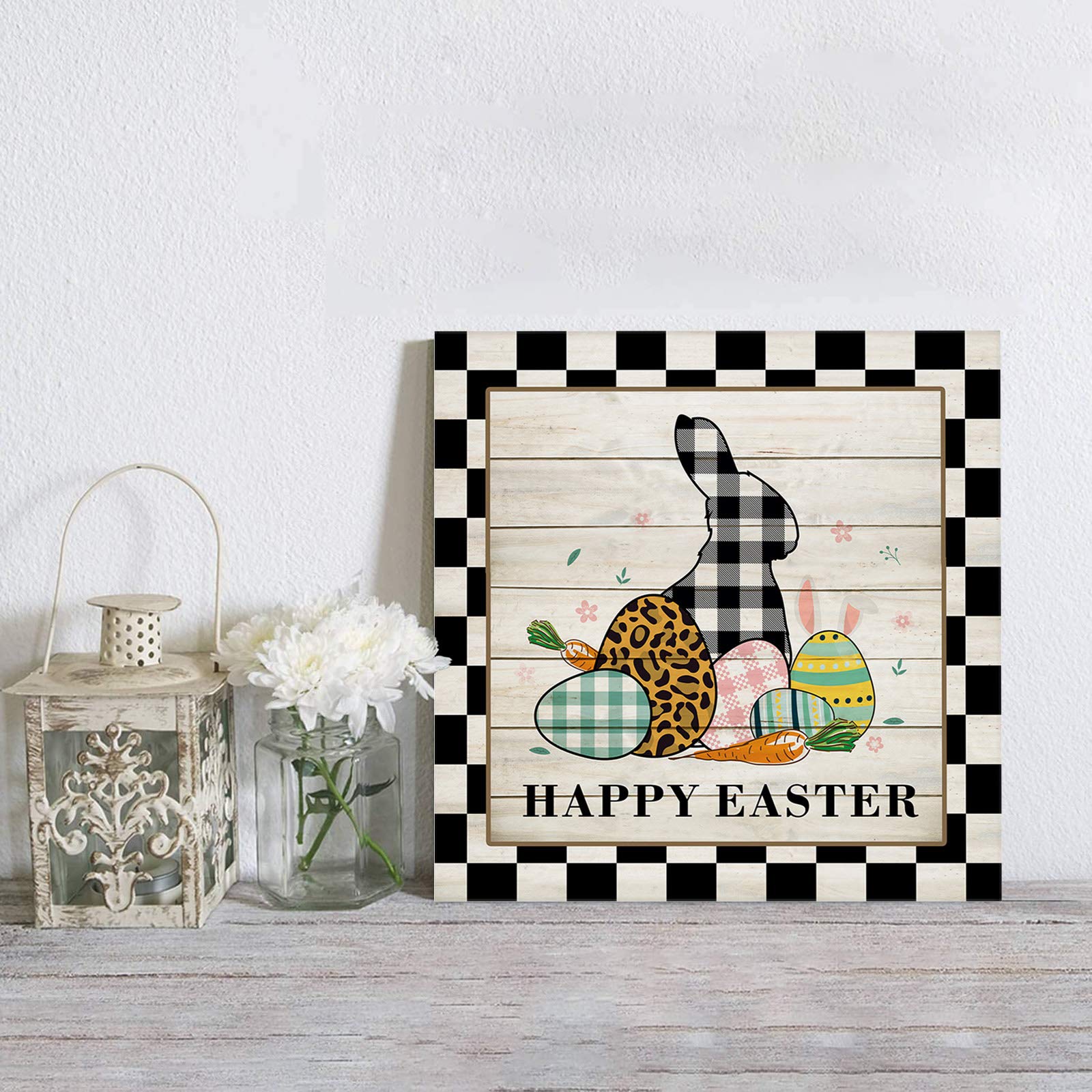 Easter Buffalo Check Plaid Bunny Canvas Prints - Framed Wall Art Decor for Bathroom, Living Room & Bedroom - Ready to Hang 24x24 Inch - Black & White Wooden Board Painting - Perfect for Spring Home Decor & Holiday Gift Giving