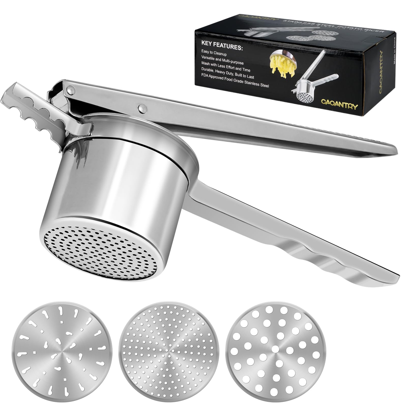 Heavy Duty 15oz Stainless Steel Potato Ricer & Masher with 3 Interchangeable Discs - Professional Potato Press for Perfect Mashed Potatoes, Baby Food & Purees - Ideal for Home Kitchens & Restaurants