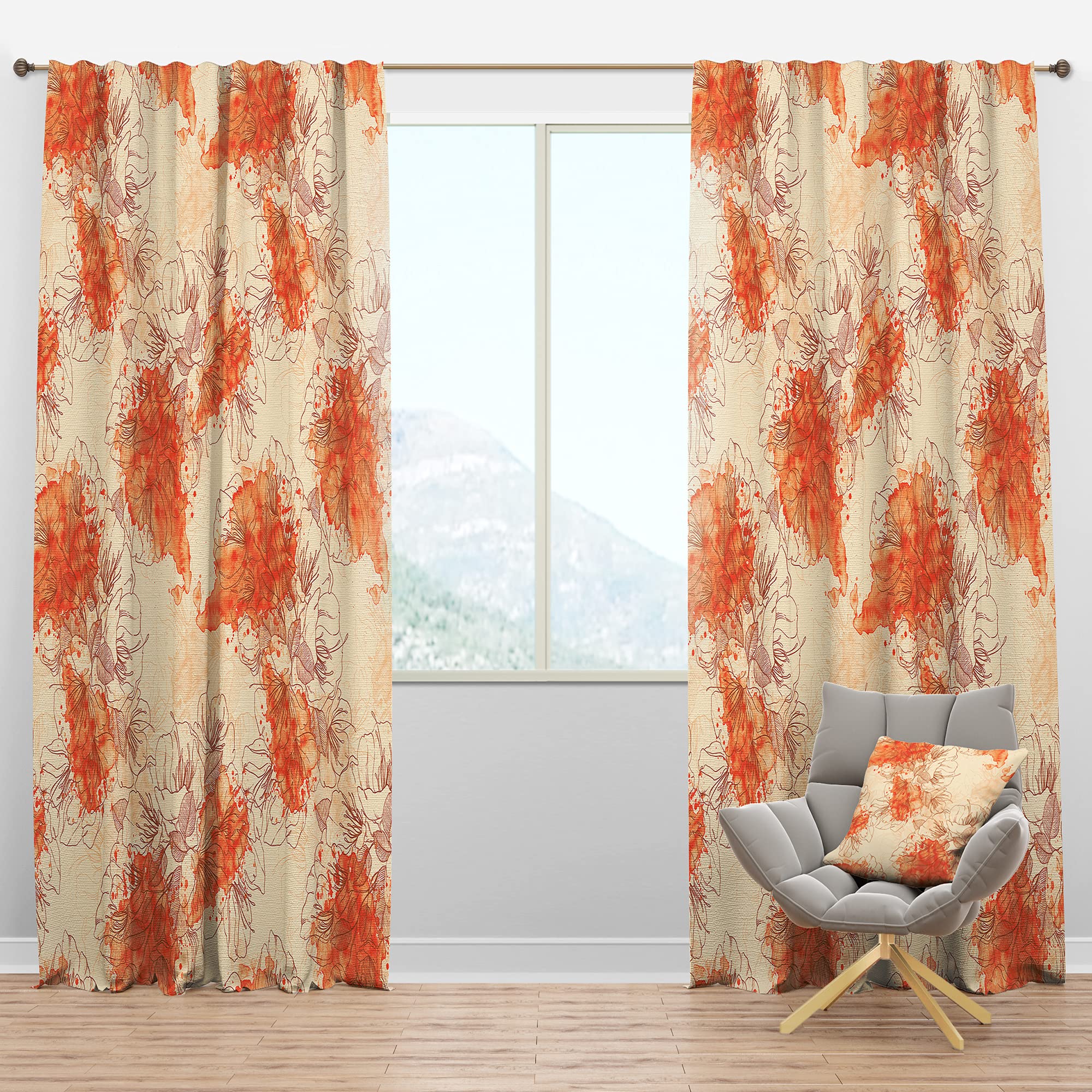 DesignQ Blackout Curtains - Hand-Painted Asian Floral Orange Watercolor Print - Thermal Insulated Room Darkening Drapes for Bedroom & Living Room (52x90, Single Panel) - Perfect for Home Decor, Nursery & Light-Sensitive Sleepers