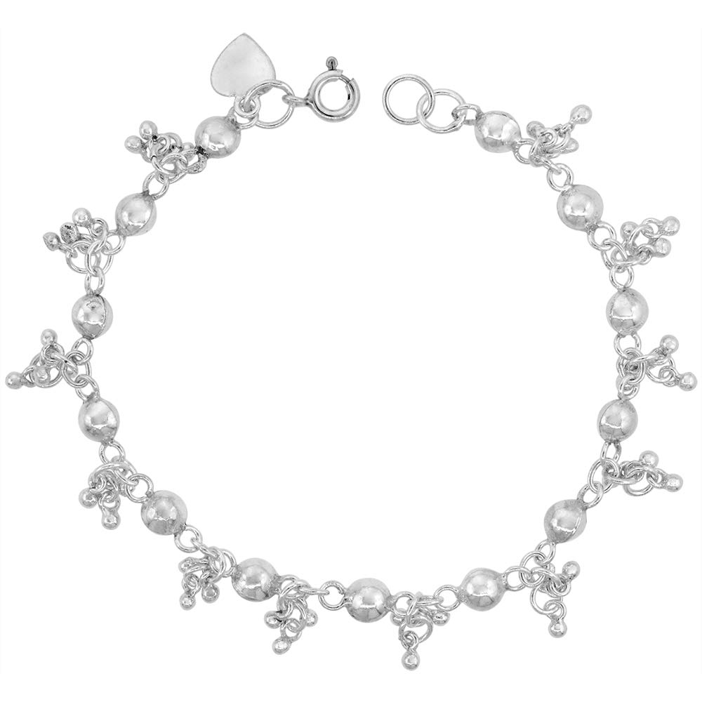 Sterling Silver Dangling Teeny Bead Clusters Charm Bracelet for Women - 10mm Drop Beads, Adjustable 7-8 Inch Wrist Size - Perfect for Everyday Wear, Parties & Special Occasions