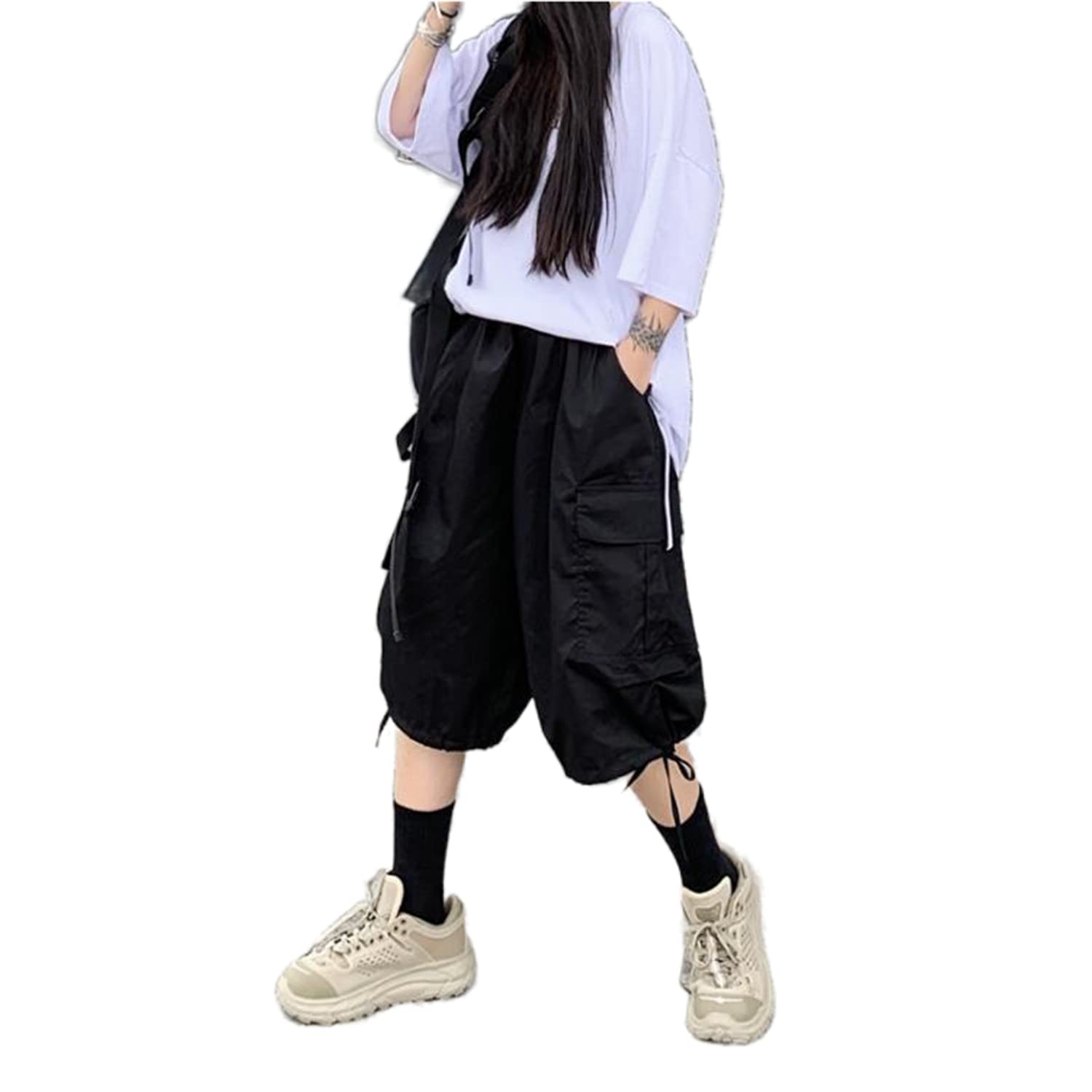 Wide Leg Cargo Shorts for Women - Baggy Y2K Style with Multiple Pockets | Punk Knee-Length Bermuda Shorts | Gothic Harajuku Streetwear | Alt Emo Techwear | Perfect for Casual Wear, Music Festivals & Street Style Fashion