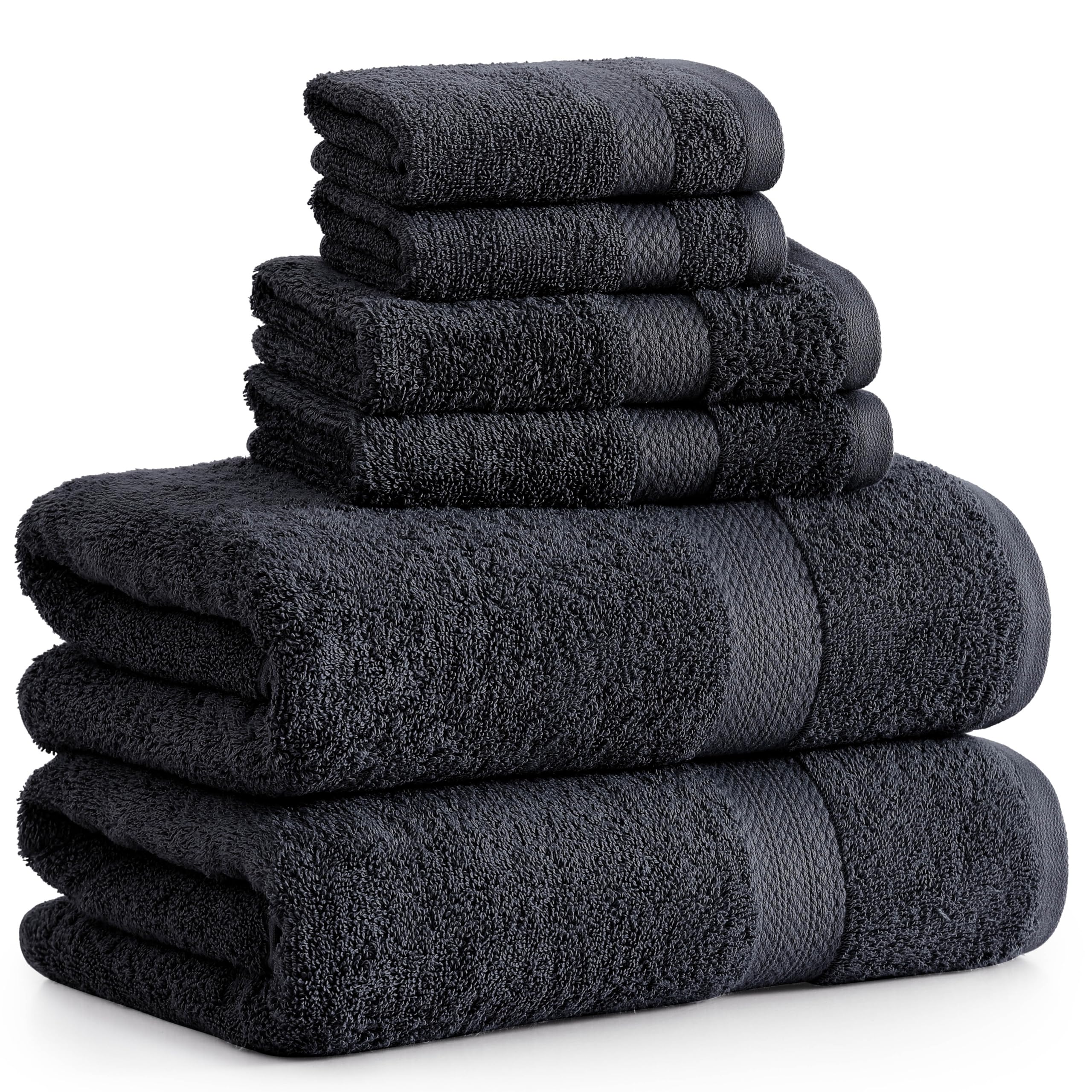 Premium 6-Piece 100% Cotton Bath Towel Set - Ultra Soft & Absorbent Bath, Hand & Face Towels for Spa, Gym & Luxury Bathroom (2 Bath Towels, 2 Hand Towels, 2 Washcloths) - Black