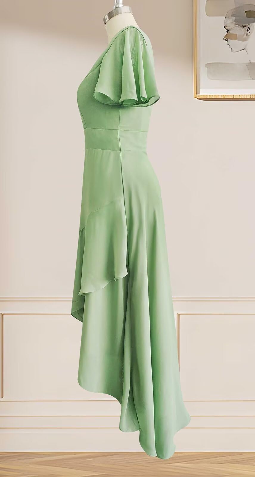 Elegant Ruffle High-Low Bridesmaid Dress with Sleeves - Chiffon V-Neck A-Line Formal Wedding Guest Gown for Women | Perfect for Weddings, Parties & Special Occasions