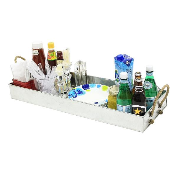 Galvanized Metal Tray with Rope Handles - Rustic Farmhouse Serving Tray for Kitchen, Dining, or Outdoor Picnics
