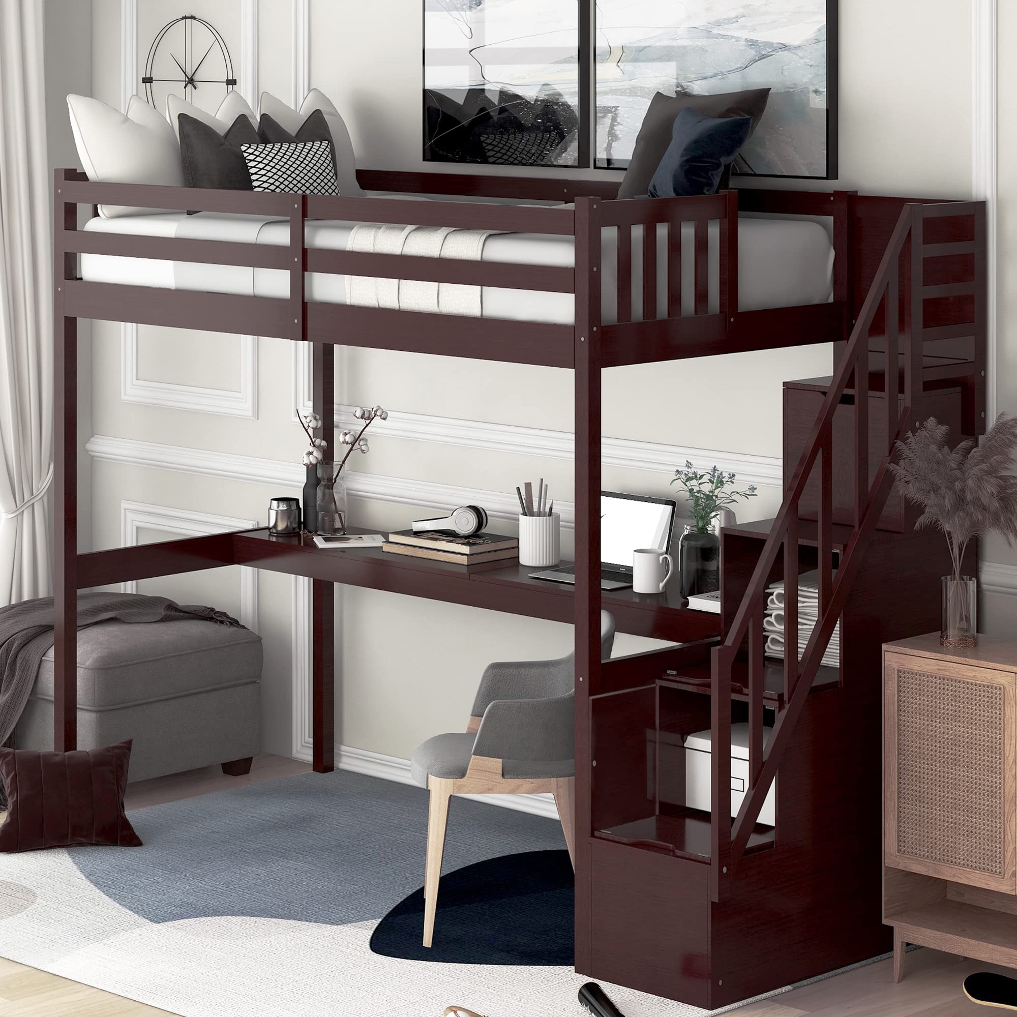 P PURLOVE Wooden Loft Bed with Desk & Storage Staircase - Full Length Guardrail for Teens | Space-Saving Study & Sleep Solution for Small Bedrooms