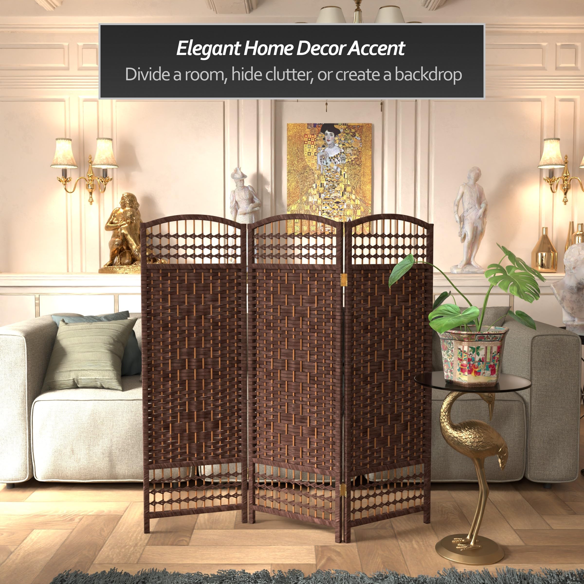 4 ft. Dark Mocha Short Fiber Weave Folding Room Divider - 3 Panel Privacy Screen for Home, Office, or Event Space - Perfect for Partitioning Living Rooms, Bedrooms, and Workspaces