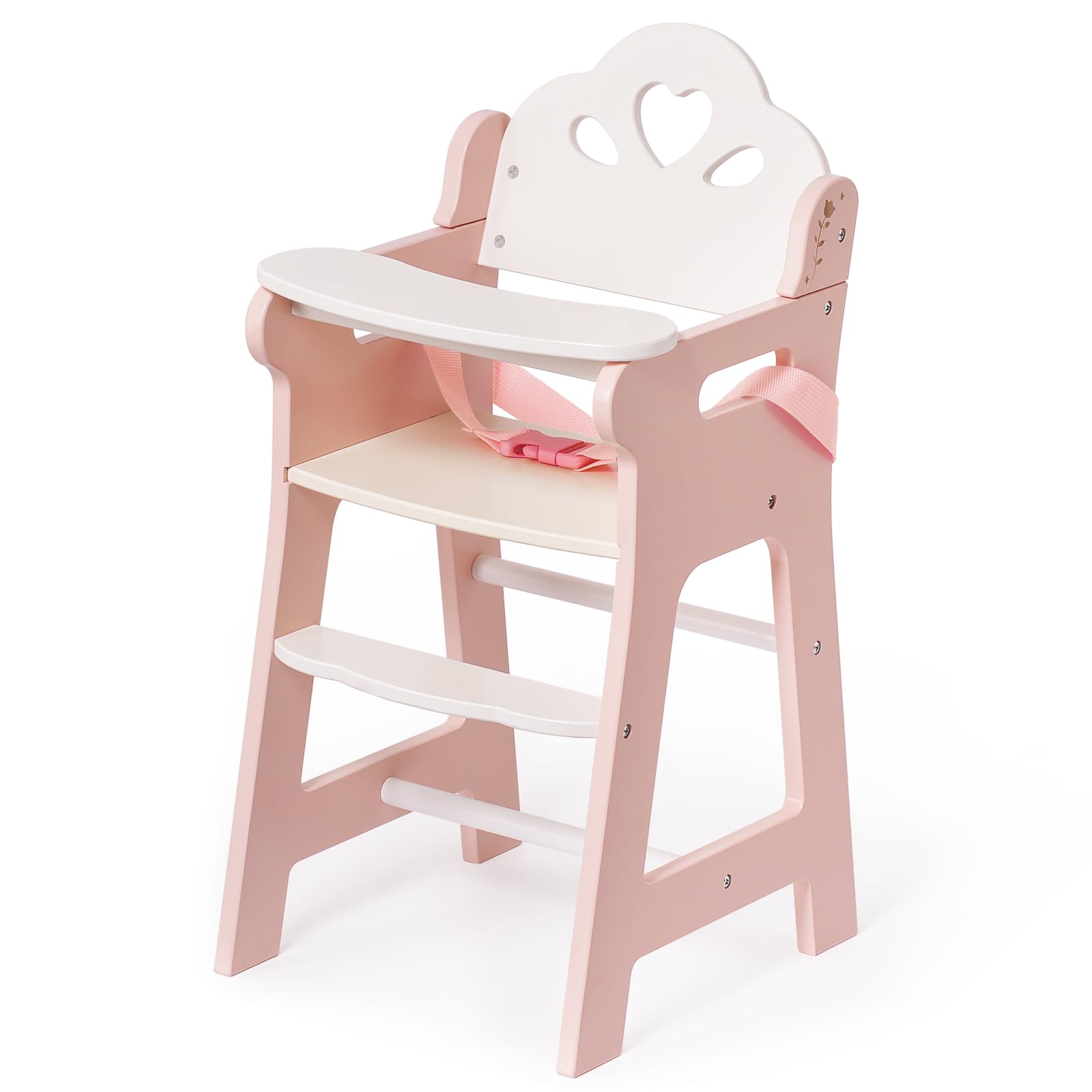 ROBUD Pink Wooden Baby Doll High Chair with Seat Belt & Movable Tabletop - Pretend Play Accessory for 18-20 Inch Dolls | Perfect for Kids Role Play, Tea Parties & Nursery Decor
