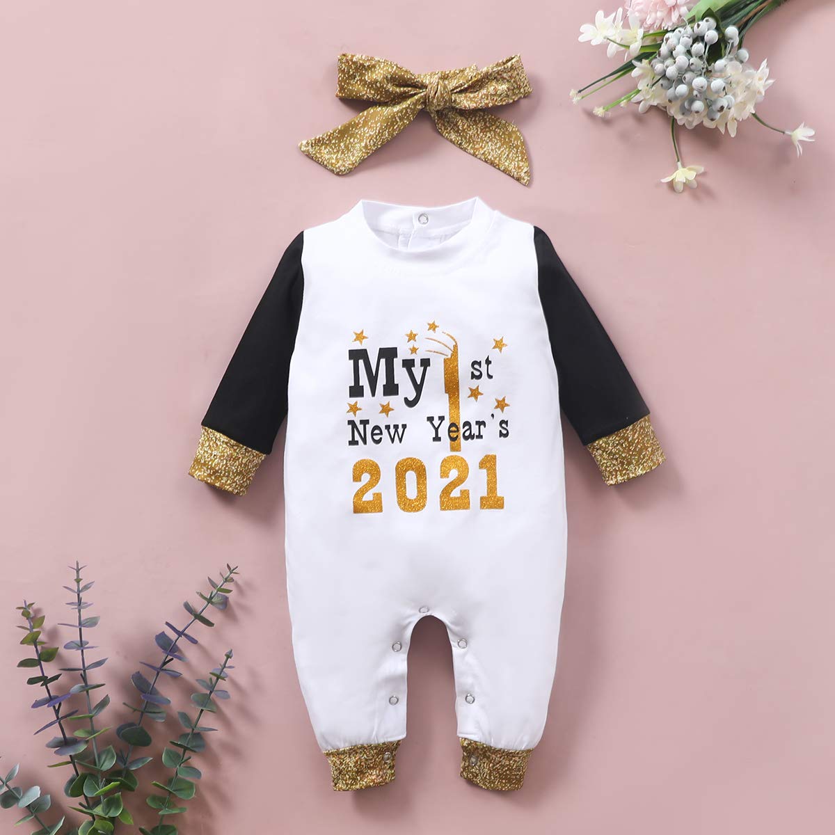 My 1st New Year Baby Outfit Set - 3Pcs Printed Romper, Pants & Hat for Newborn Boys & Girls (6-12 Months) - Cute Holiday Photoshoot & Special Occasion Wear
