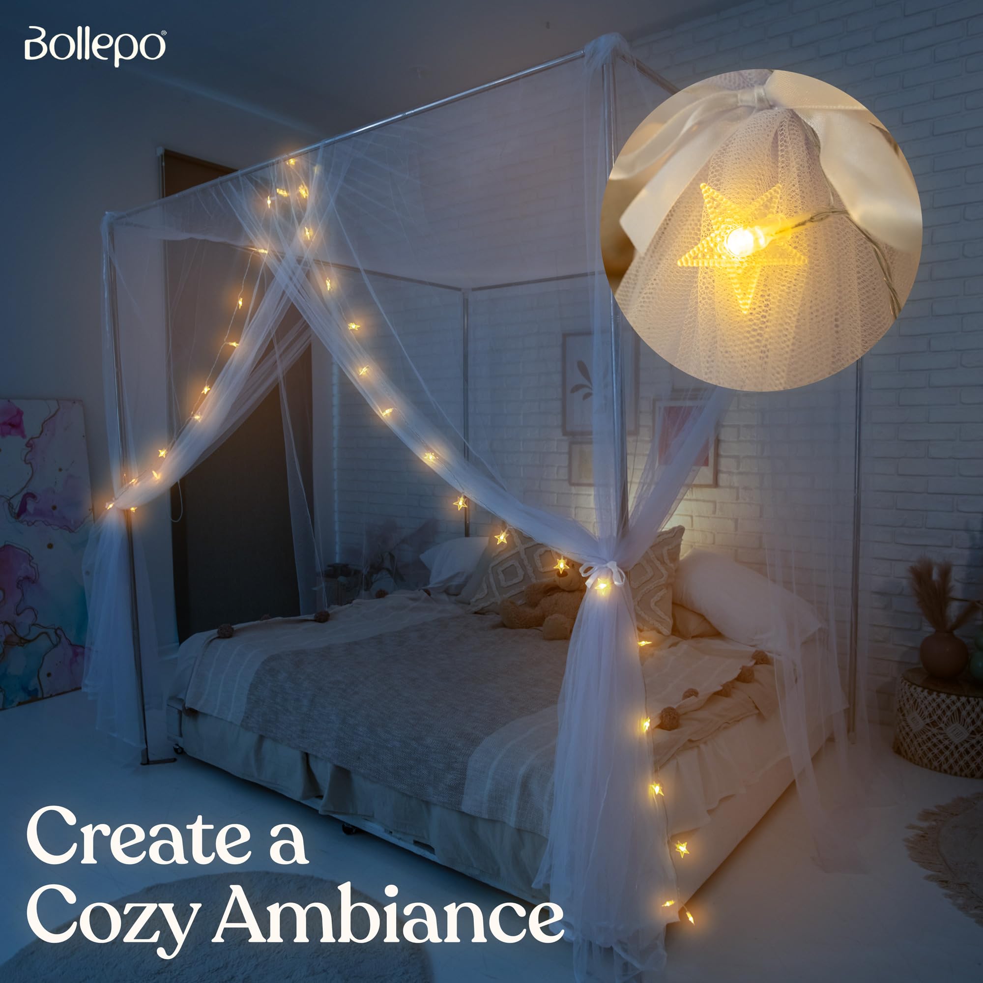 White Canopy Bed Curtains with LED Lights - Romantic Ceiling or Bed Frame Drapes for Girls & Adults | Fits Single/Full/Double/Queen Beds | Perfect for Princess Bedroom Decor, Wedding Nights & Cozy Reading Nooks