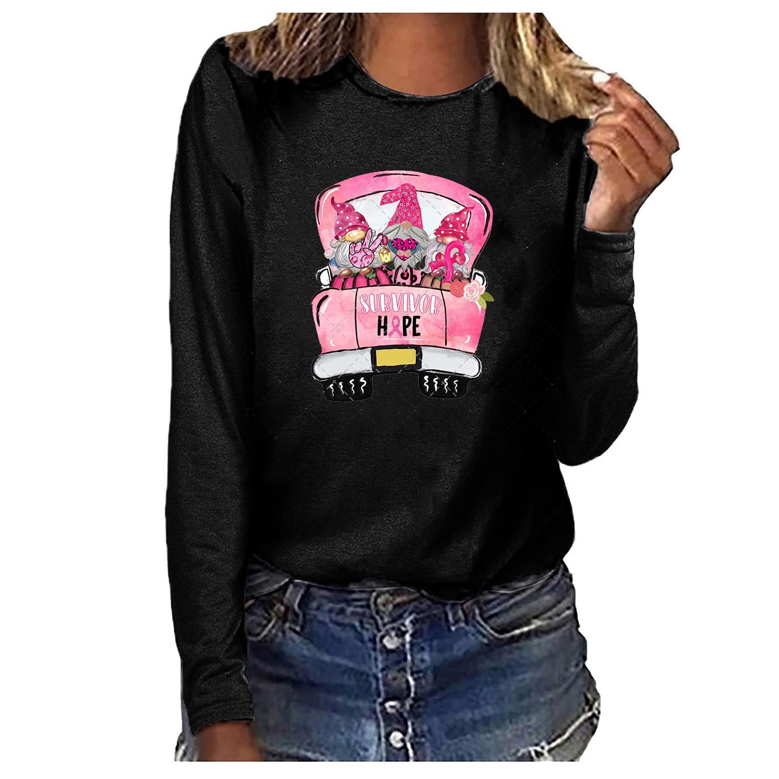 Women's Pink Ribbon Awareness Breast Cancer Survivor Long Sleeve T-Shirt with Pumpkin Graphic - Comfortable Support Tee for Survivors, Fundraisers & Awareness Events
