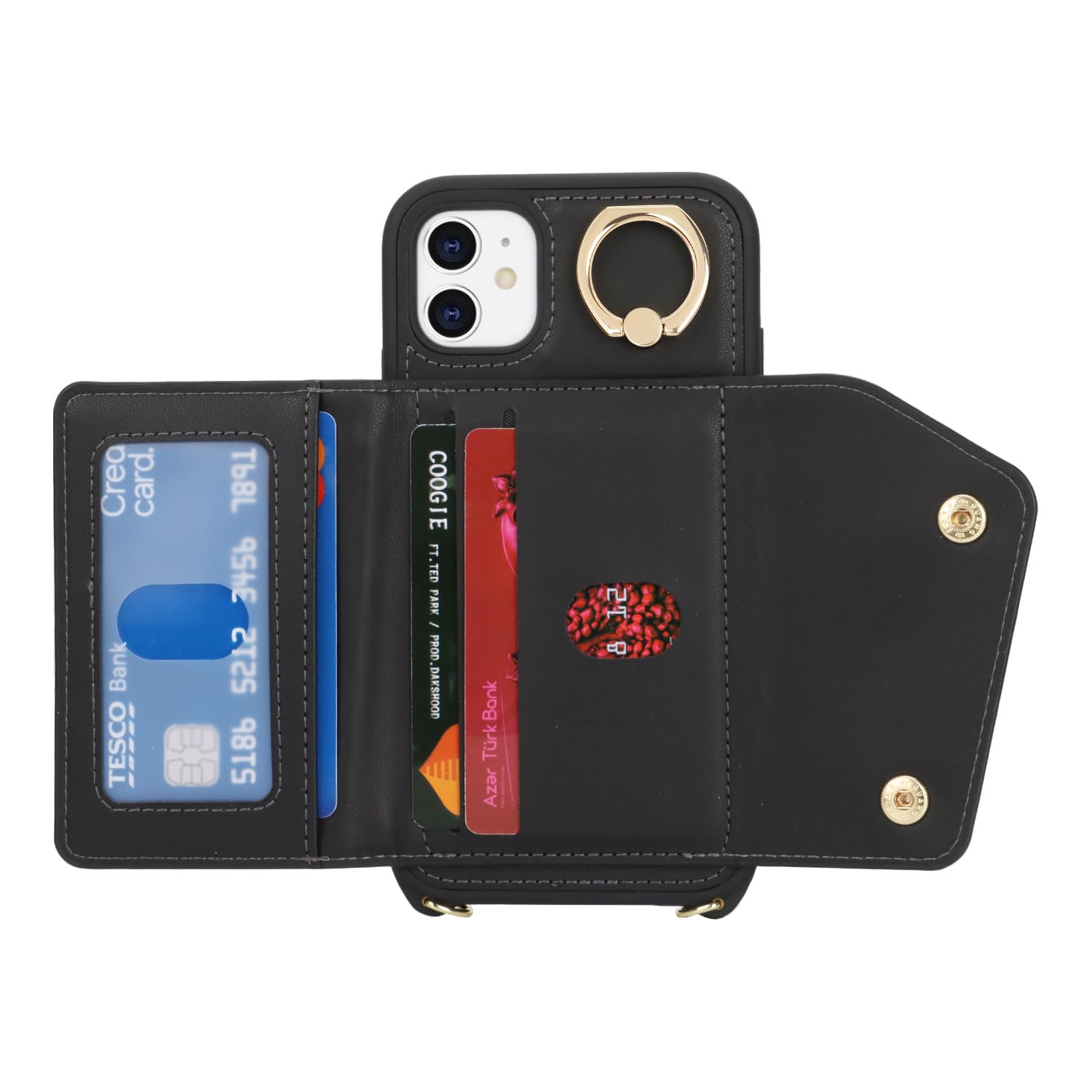 Premium iPhone 11 Wallet Case with Card Holder & Crossbody Strap - 6.1 Inch Protective Phone Cover with Zipper Pocket, Stand Ring & Lanyard - Stylish Black Women's Phone Wallet for Daily Use, Shopping & Travel