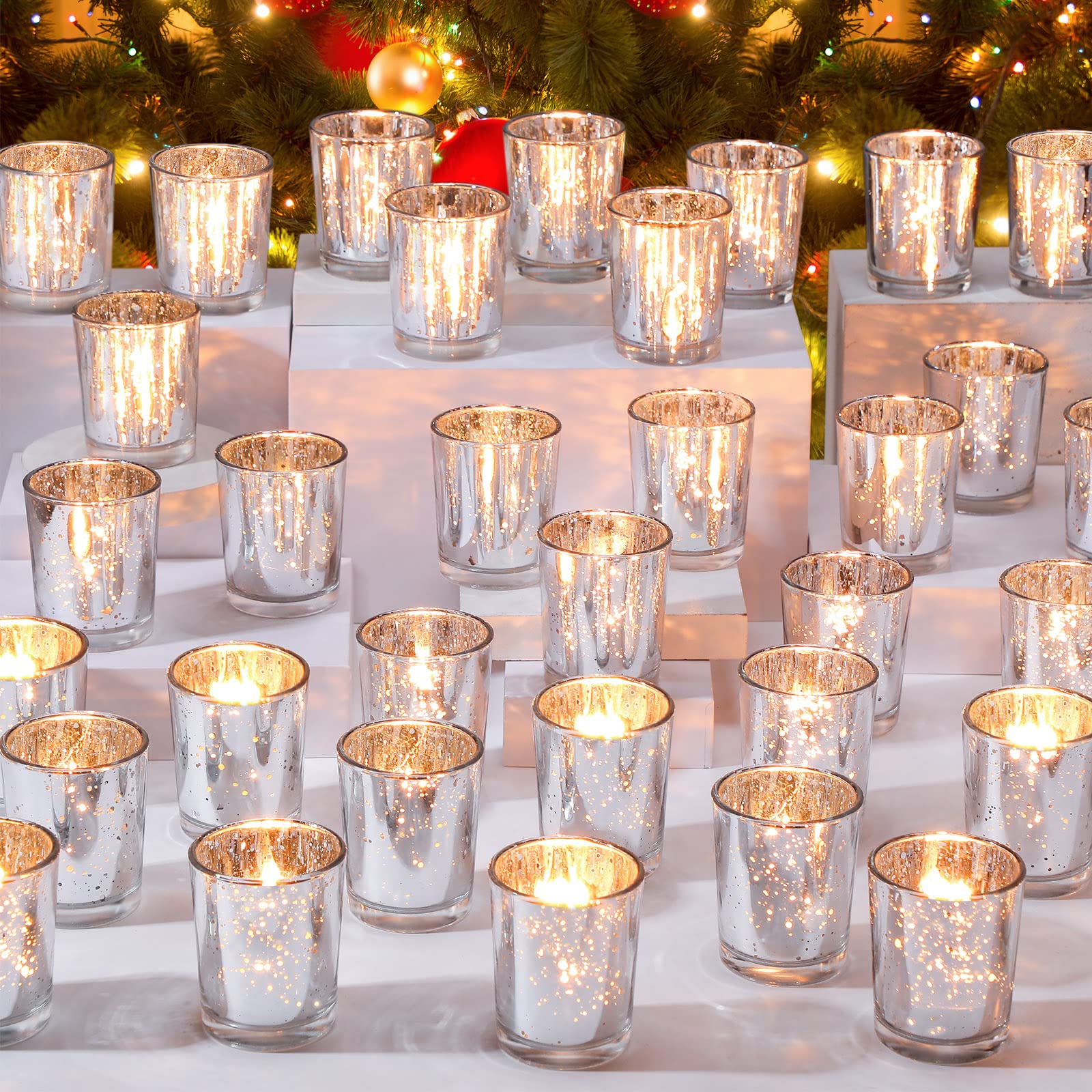 50 Pcs Bulk Glass Votive Candle Holders - Silver Tealight Candle Holders for Valentine's Party, Wedding Centerpiece, Bridal Shower & Home Decor - Perfect for Romantic Dinners, Holiday Tablescapes and Special Events