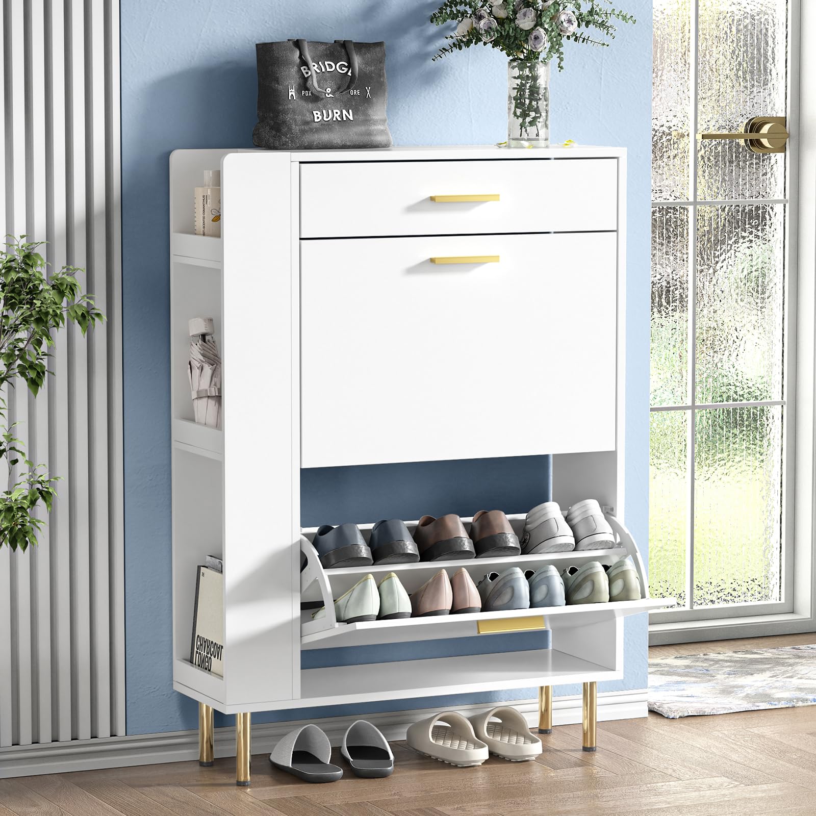Anmytek White Shoe Storage Cabinet with 2 Flip Drawers - Modern Freestanding Shoe Rack Organizer for Entryway, Hallway & Closet - Space Saving Narrow Shoe Cabinet for Sneakers, Boots & Heels - H0111