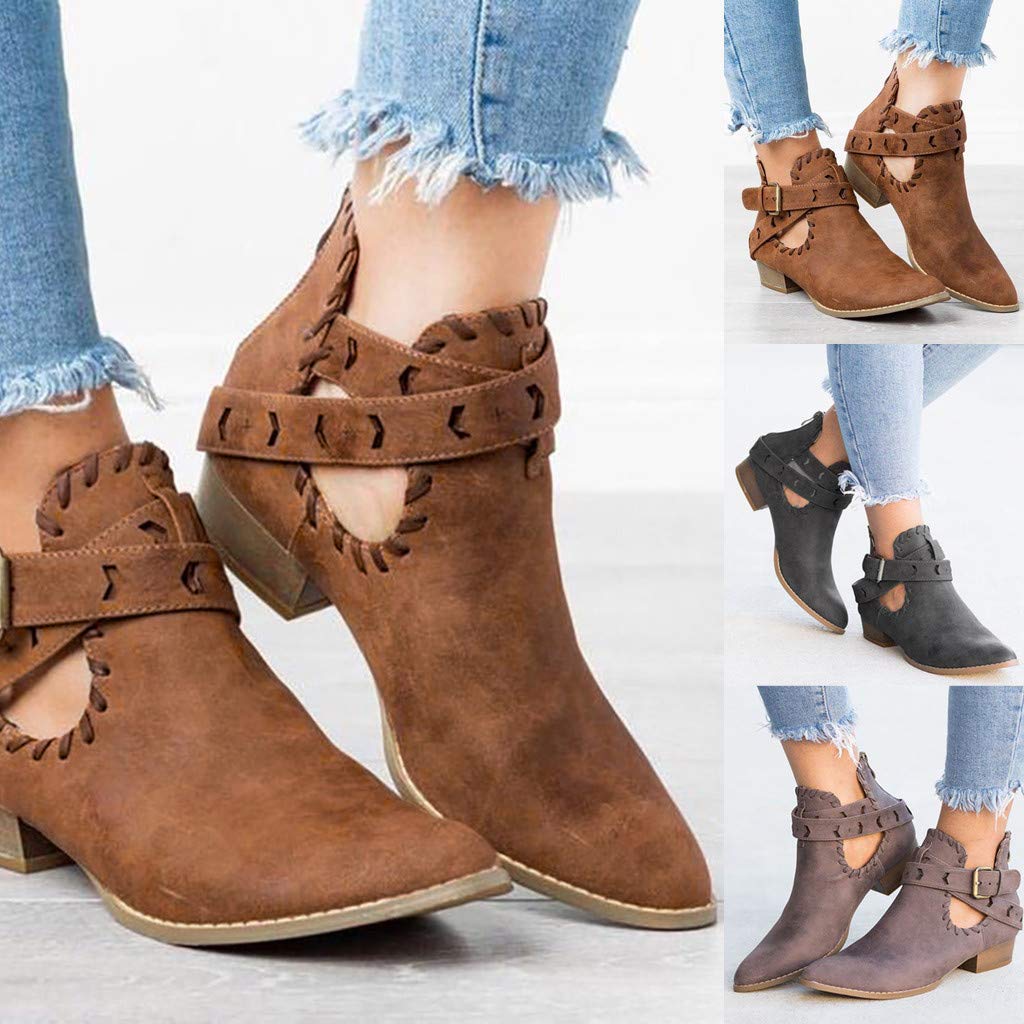 Women's Chunky Heel Ankle Boots - Slip On Pointed Toe Western Booties with Ruffled Detail | Casual Outfits, Date Night & Fall Fashion