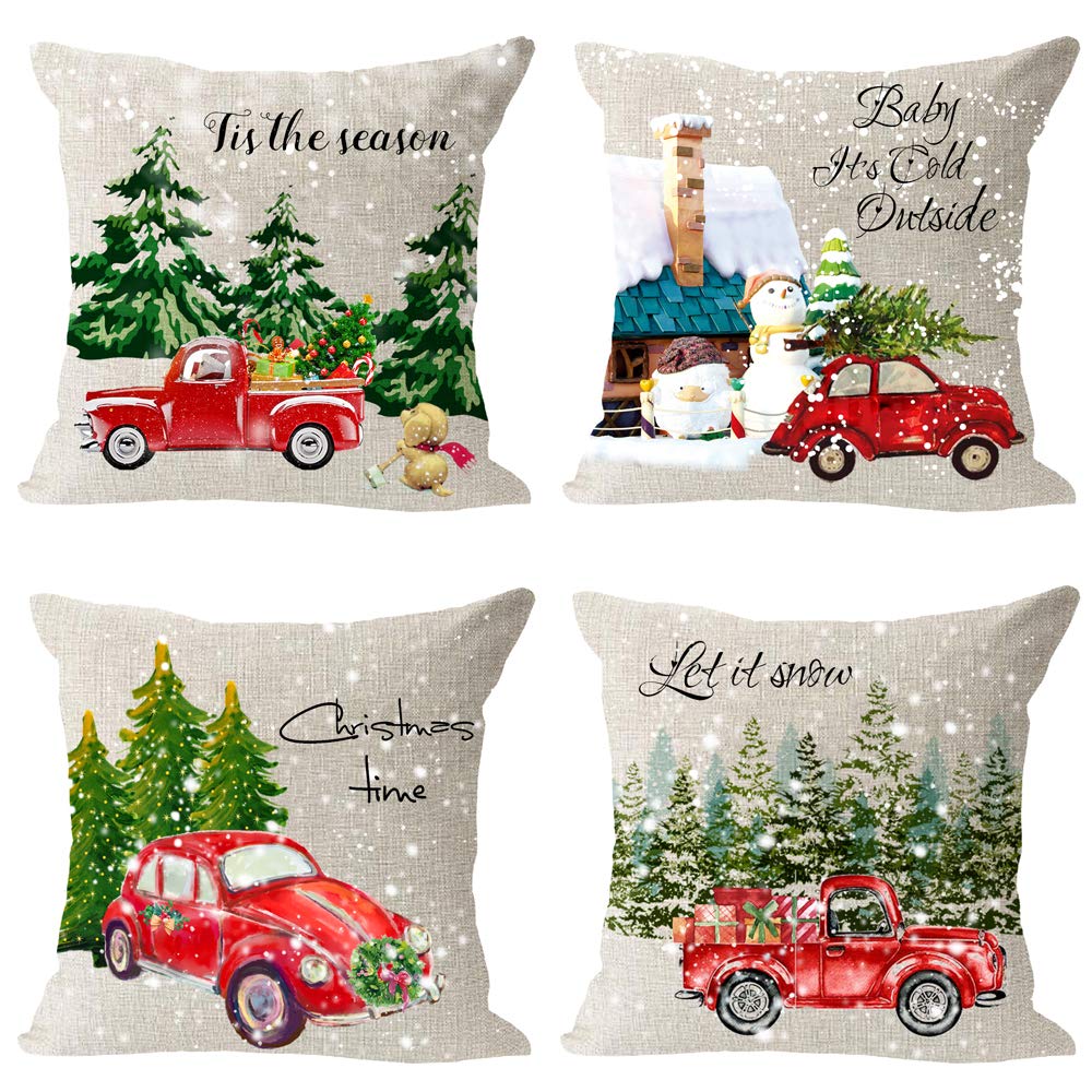 Set of 4 Christmas Tree Pine Red Car Present Cotton Linen Square Throw Pillow Covers 18x18 Inch - Holiday Home Decor for Sofa, Living Room & Bedroom