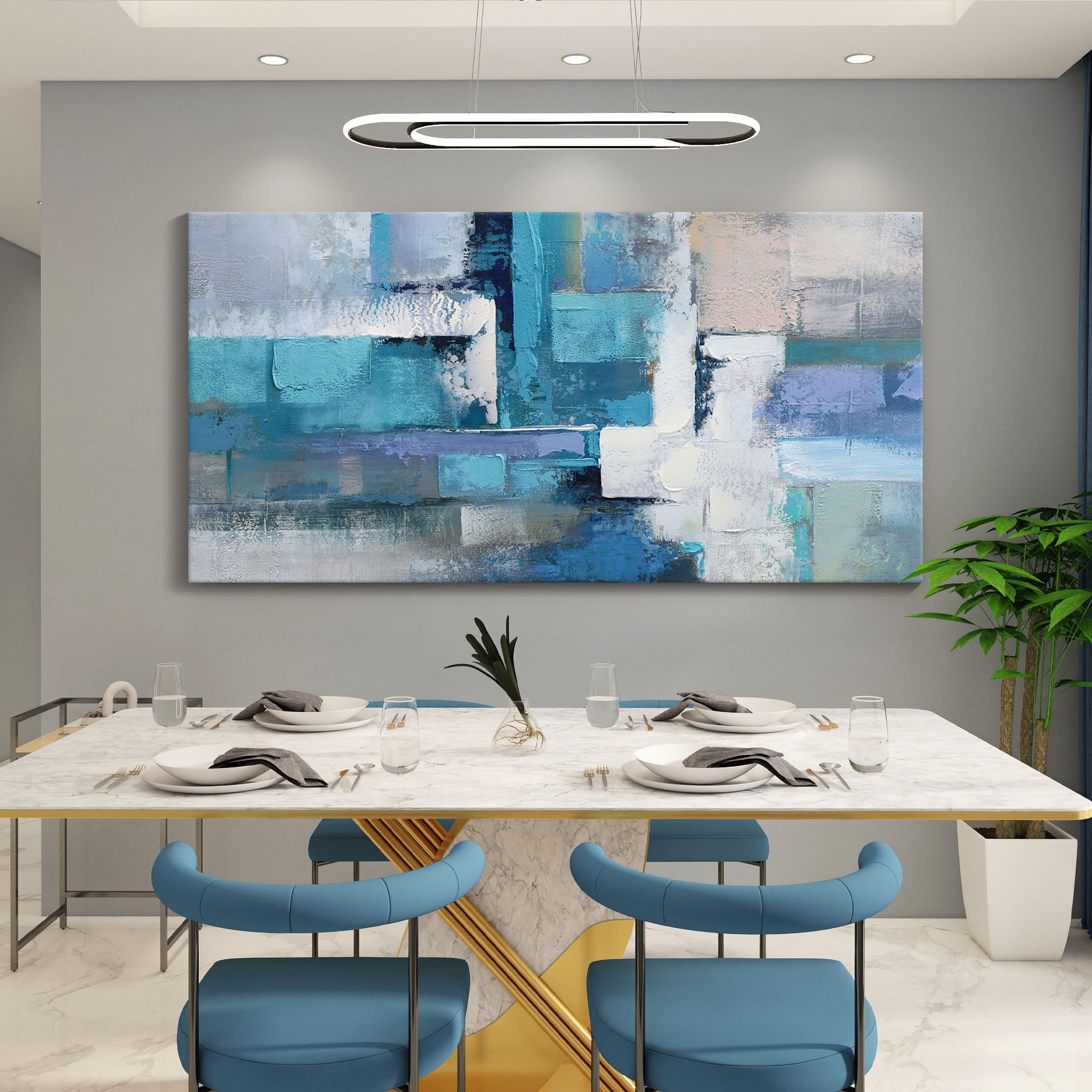 Blue Abstract Canvas Wall Art - Large Modern Wall Decor for Living Room, Bedroom & Office (29x58 Inches) | Handmade Blue Abstract Painting for Home & Office Interior Design