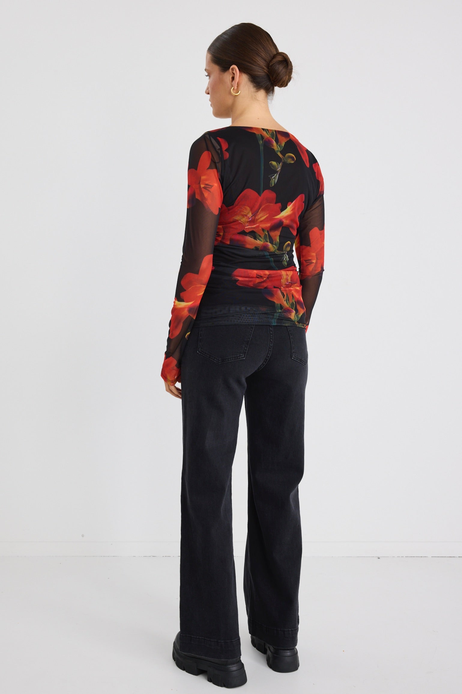 Stylish Asymmetrical Long Sleeve Mesh Top with Red Floral Print - Perfect for Casual Outings, Date Nights & Boho Fashion Looks