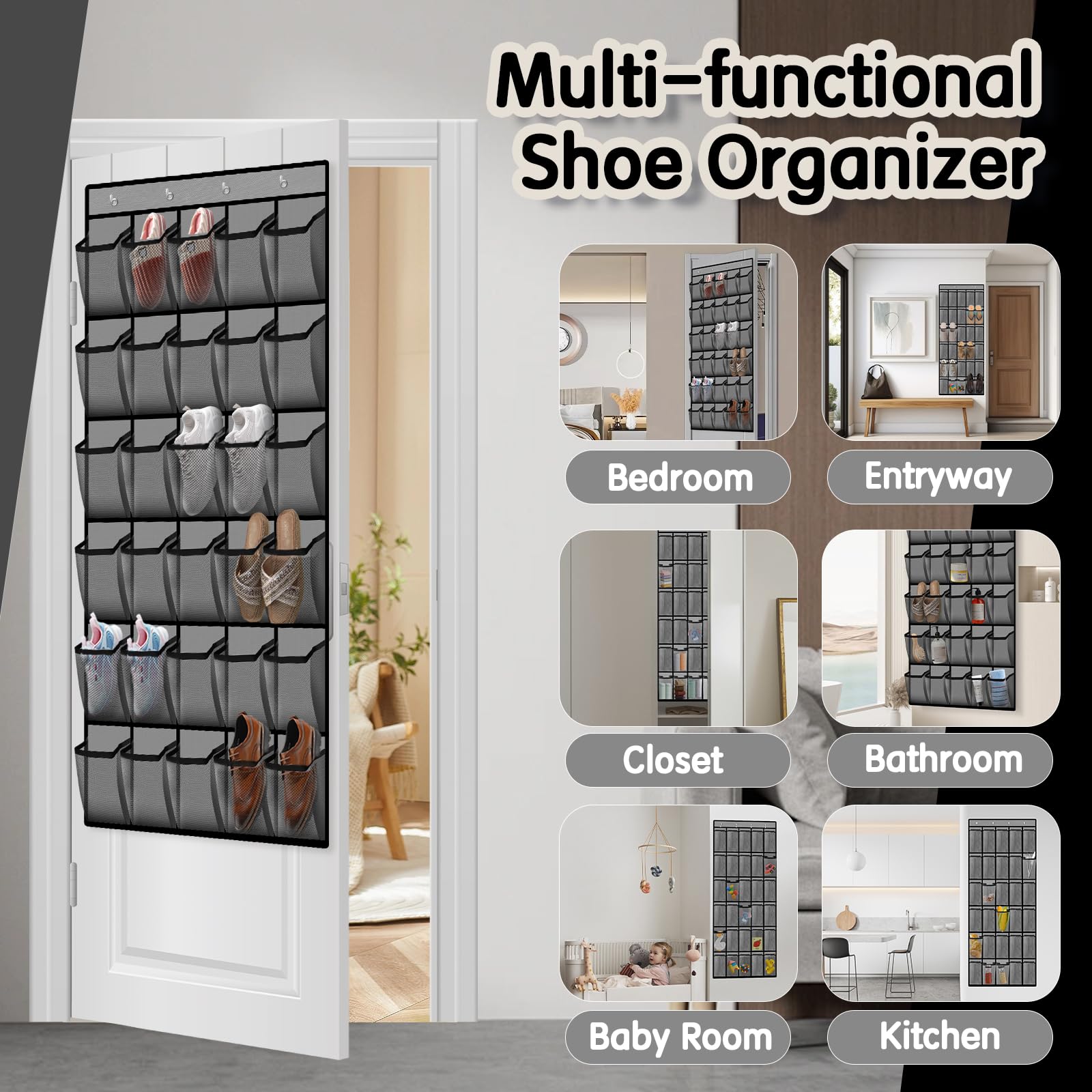 30 Compartment Breathable Mesh Over the Door Shoe Organizer - Large Hanging Closet Storage for Men & Women - Perfect for Bedroom, Closet, or Entryway Organization (Gray)