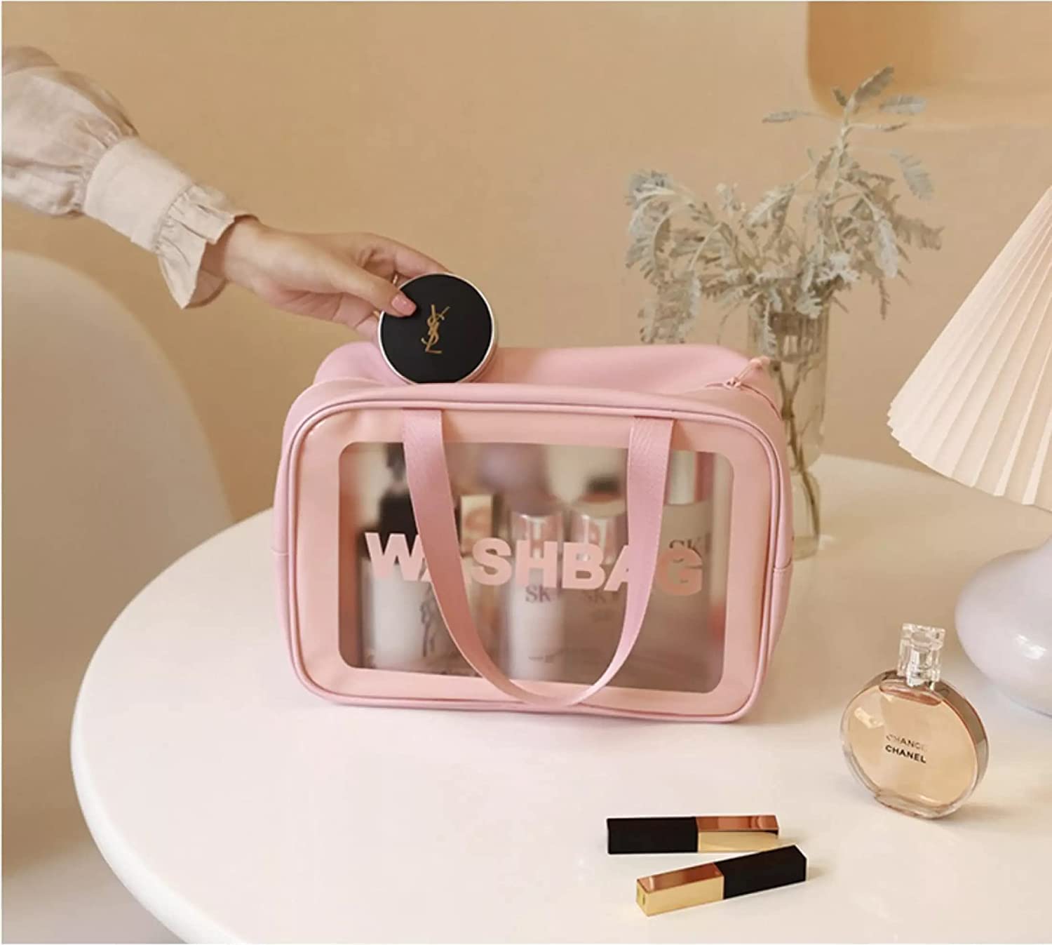 Large Clear Travel Cosmetic Bag - Makeup Pouch for Women & Girls | Pink Toiletry Organizer for Trips