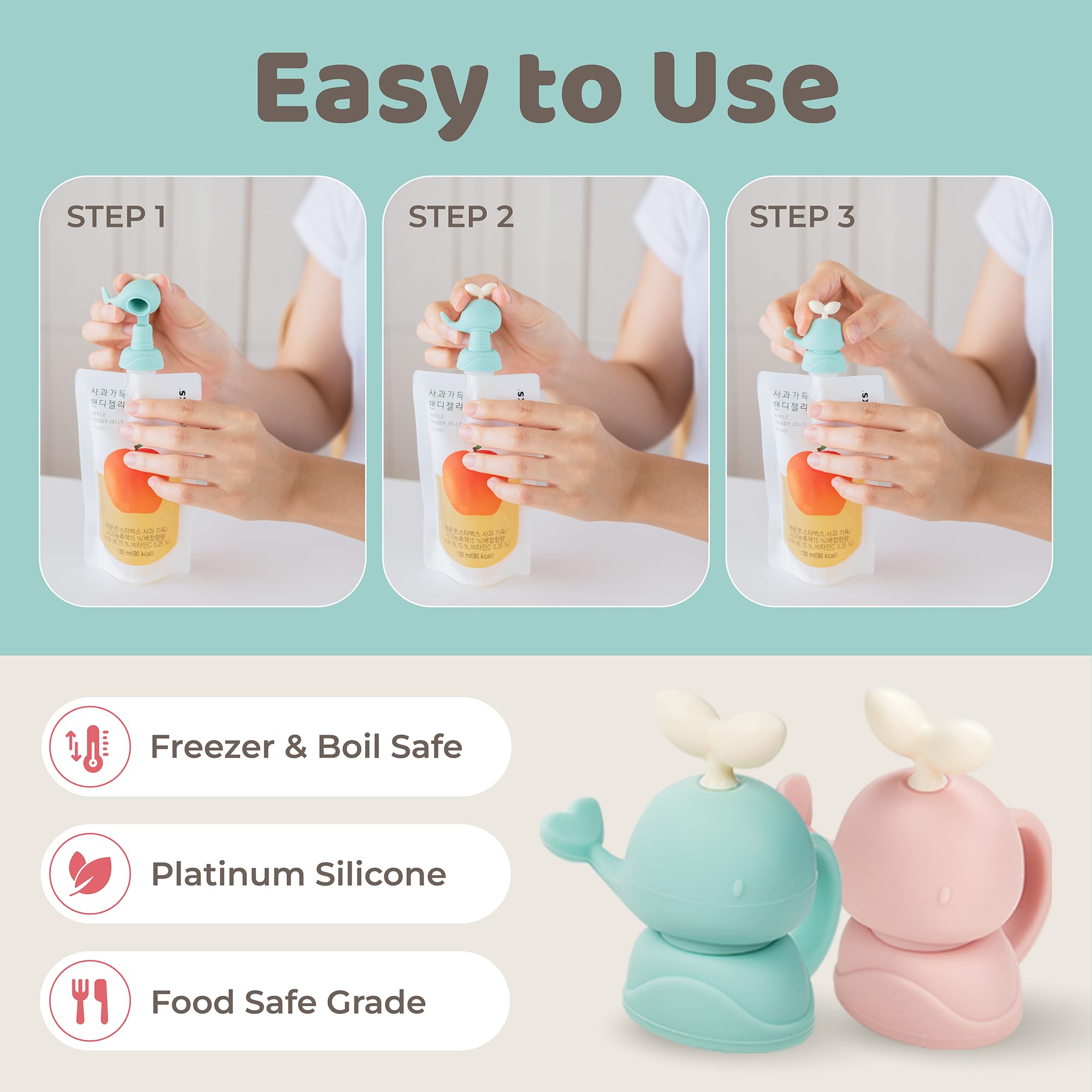 Whale SoftSip Food Pouch Topper - 2 Pack with Travel Case | Spill-Proof & Leak-Proof Silicone Cover for Baby Bottles, Sippy Cups & Food Containers | BPA-Free, Food Grade, Reusable | Perfect for Baby-Led Weaning, Travel & On-the-Go Feeding (Mint & Pink)