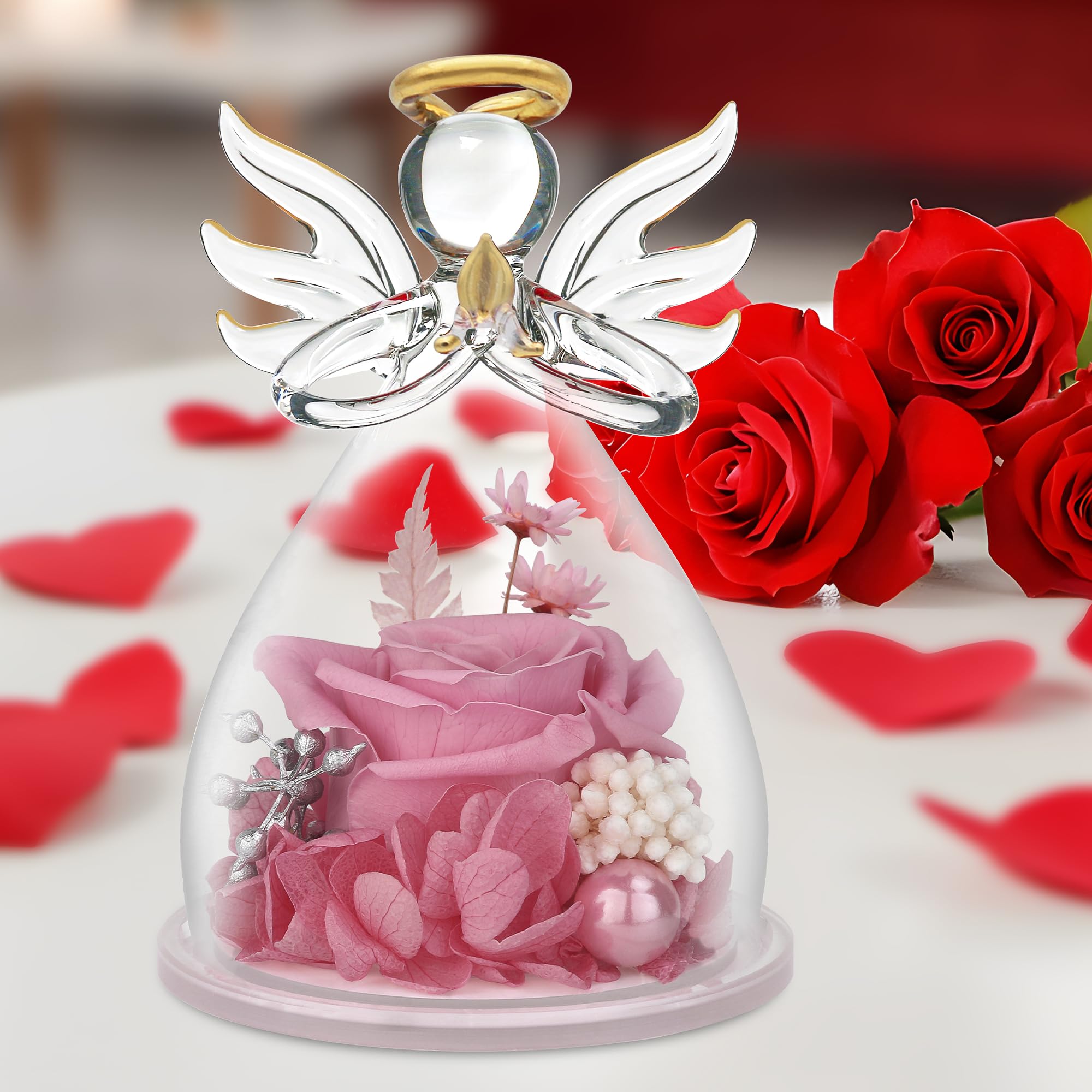 Preserved Rose in Glass Angel Figurine - Pink Flower Gift for Mom, Grandma, Wife, Sister - Perfect for Mother's Day, Birthday, Anniversary, and Home Decor