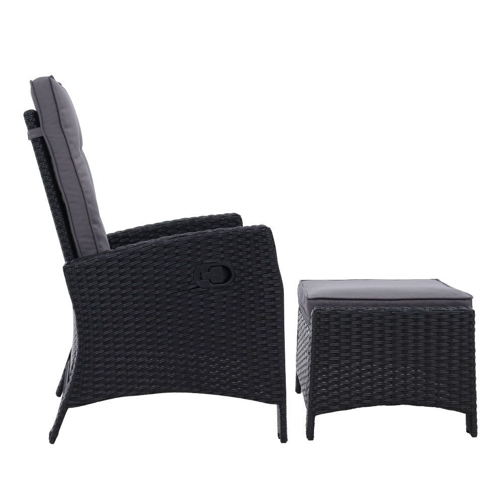 2-Piece Wicker Sun Lounger Recliner Chair Set with Ottoman - Patio Garden Outdoor Furniture for Poolside, Backyard & Beach Relaxation