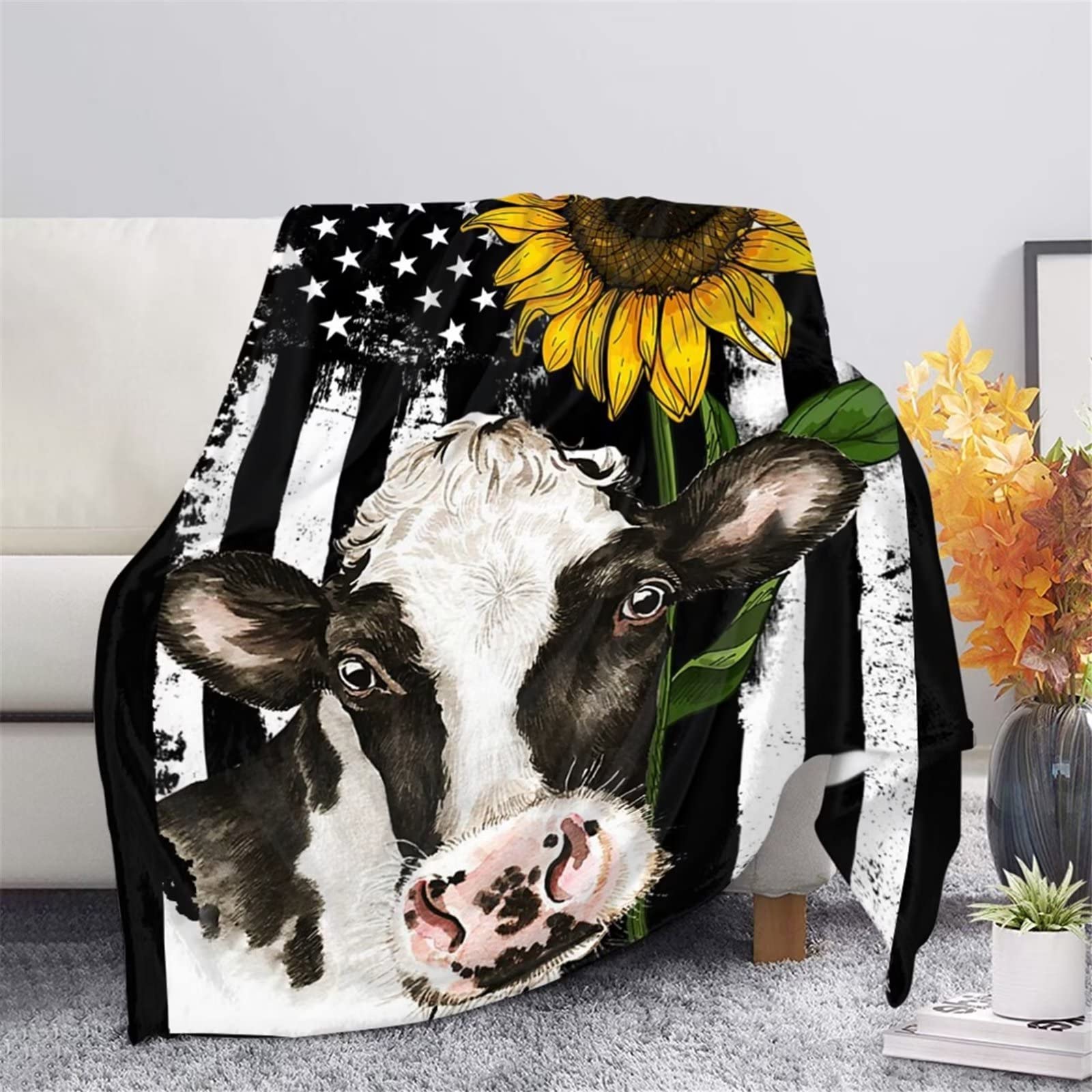 American Flag Sunflower Cow Print Throw Blanket - Soft Flannel Lightweight Plush Fuzzy Cozy Blanket for Sofa, Bed, Couch - Perfect for Living Room Decor, Farmhouse Style Bedding & Winter Snuggling