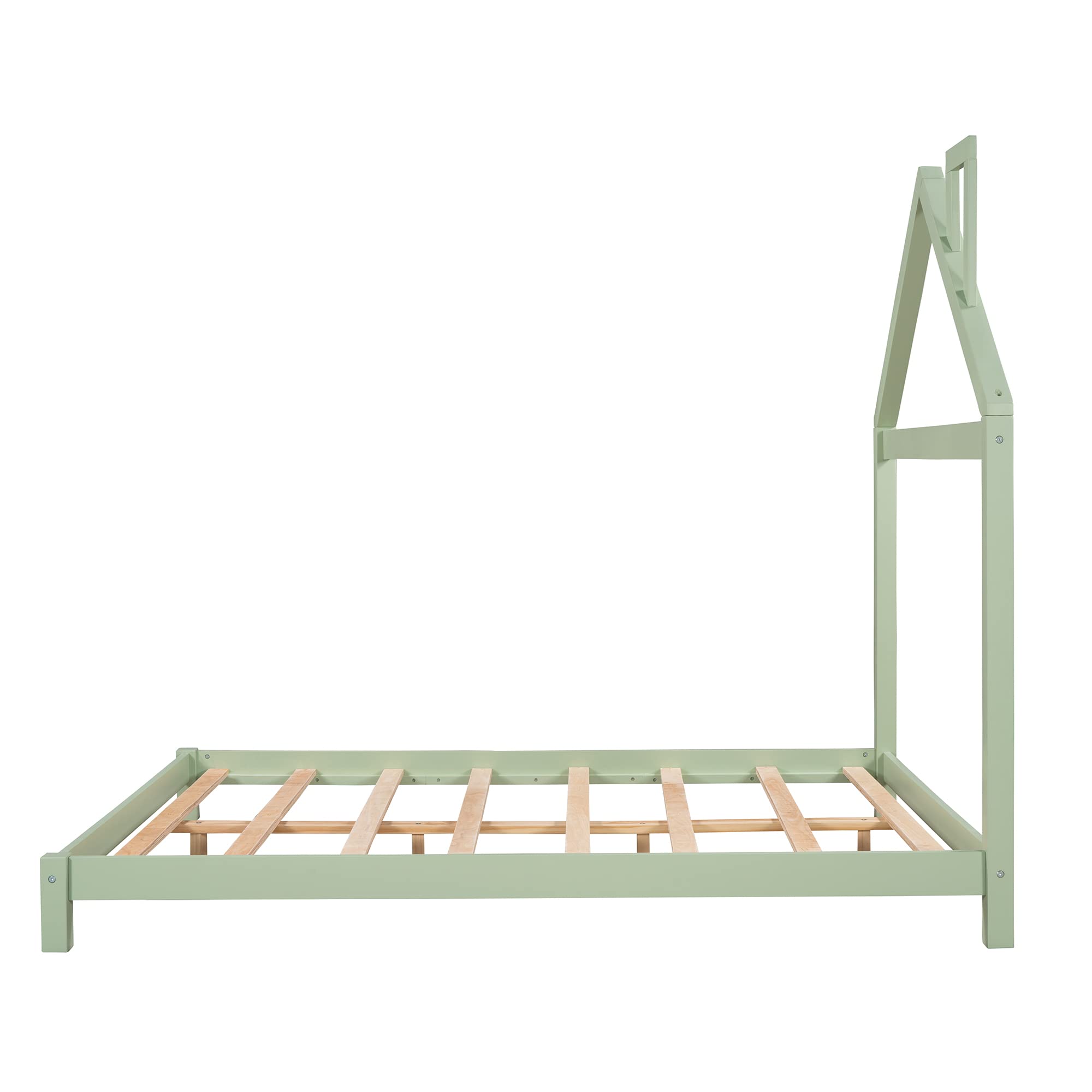 Full Size Wood Platform Bed with House Shape Headboard - Sturdy Bed Frame for Kids, Teens, Boys & Girls - Green Wooden Bed for Bedroom, Nursery, or Dorm Room - Perfect for Sleepovers & Cozy Nights